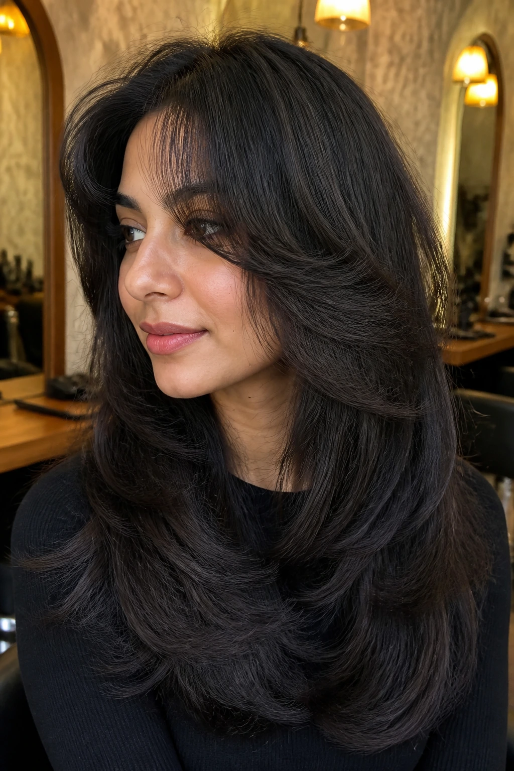Portrait of a person with texturized butterfly cut showing internal thinning