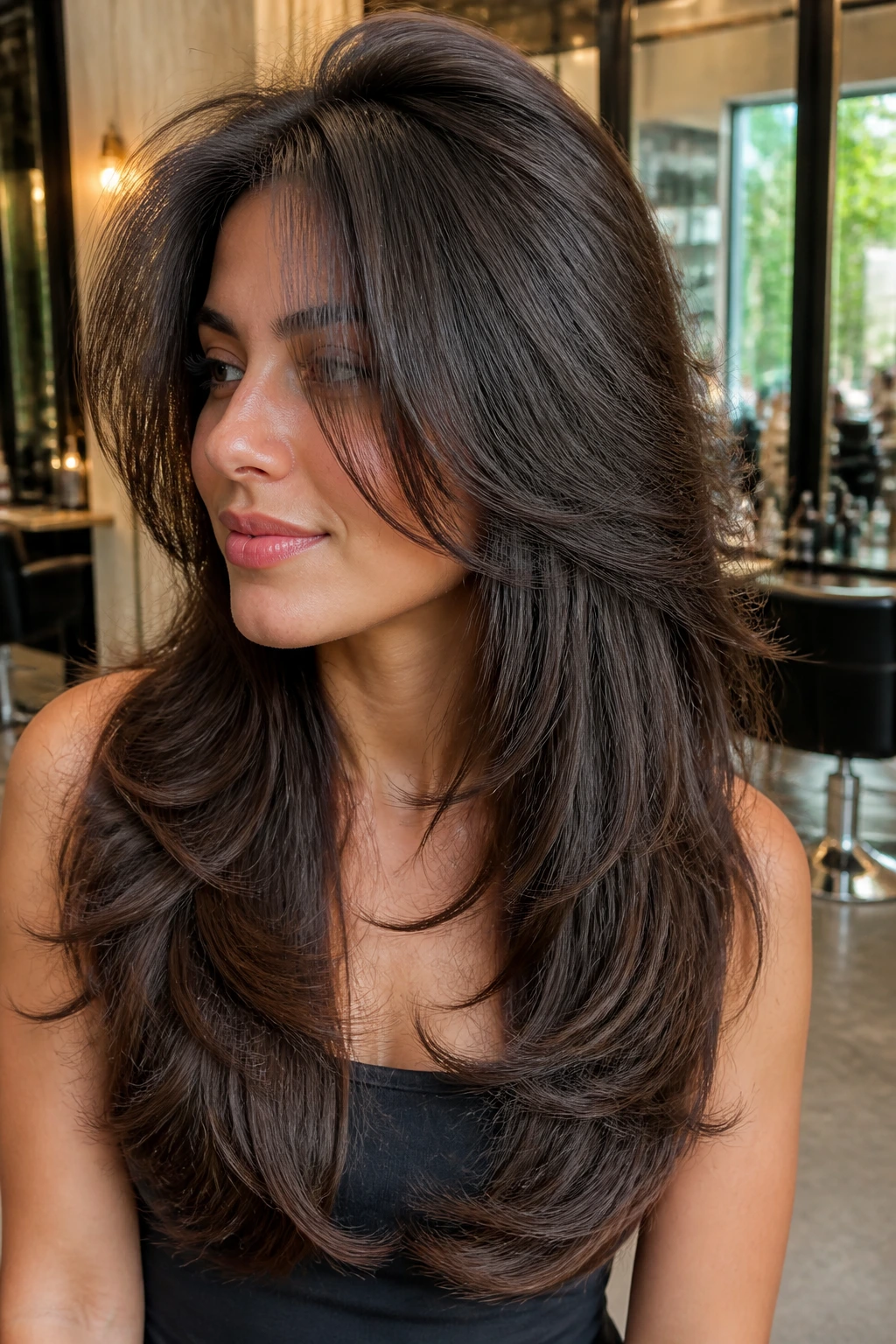 Close-up portrait showing butterfly cut on thick hair with interior layers and crown lift