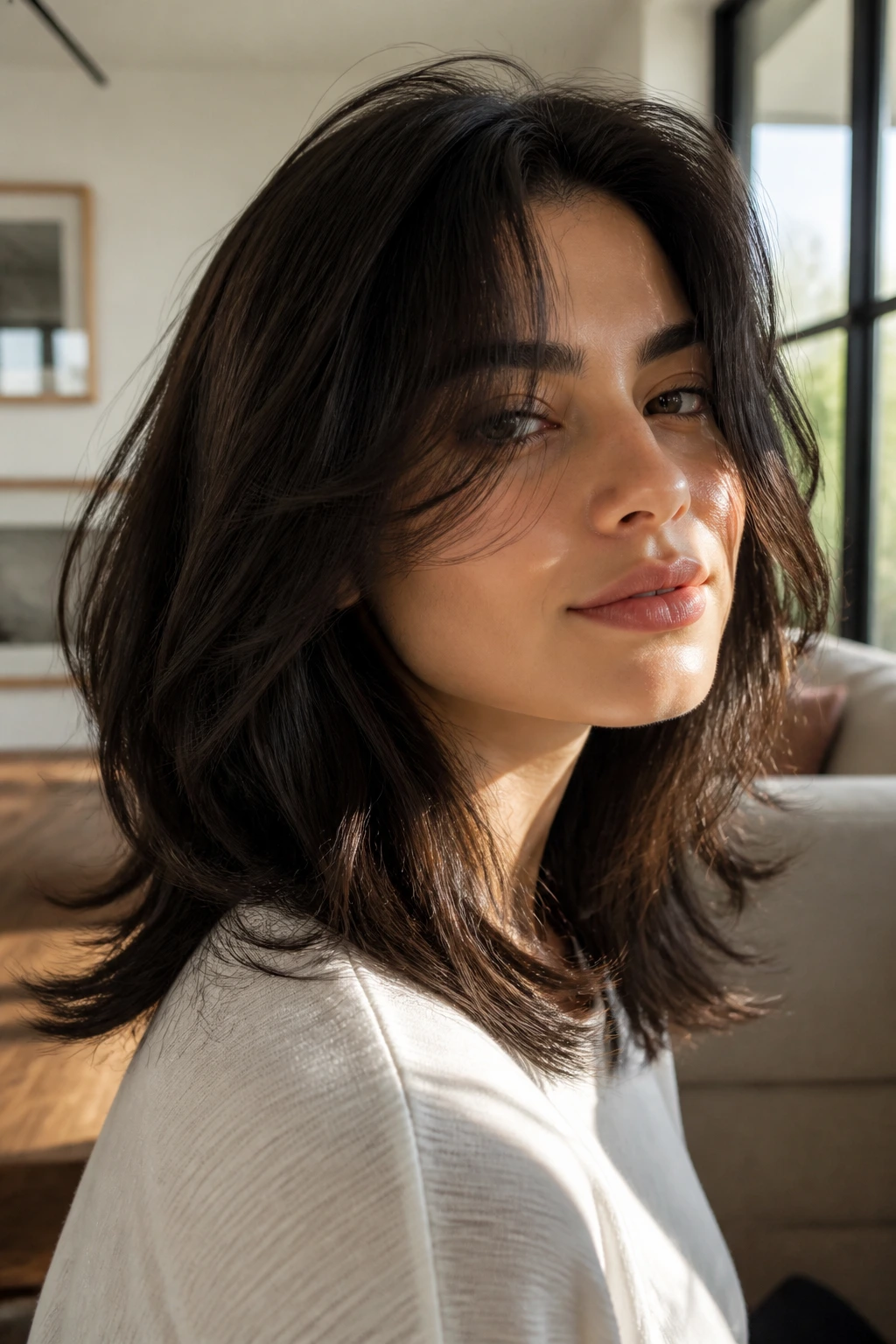 Close-up of a real woman with shoulder-length butterfly cut and wispy ends in soft daylight