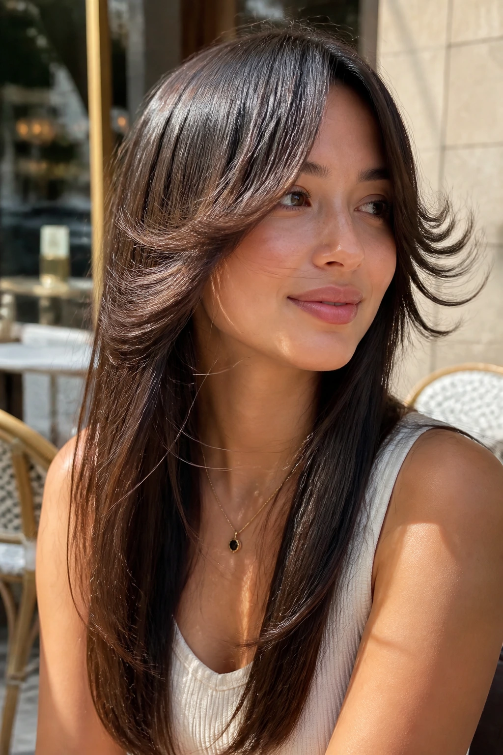 Close-up of a real woman with butterfly flick hairstyle showing short layers and long back layers outdoors