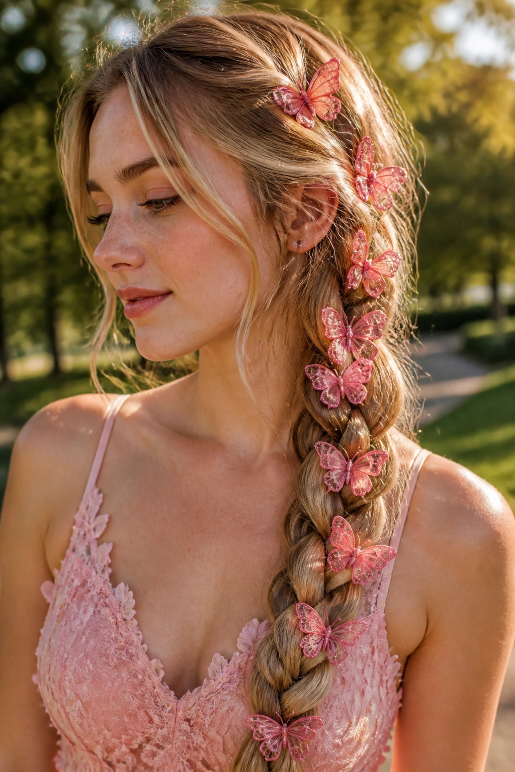 Close-up of a real person with a side-swept braid and pink butterflies