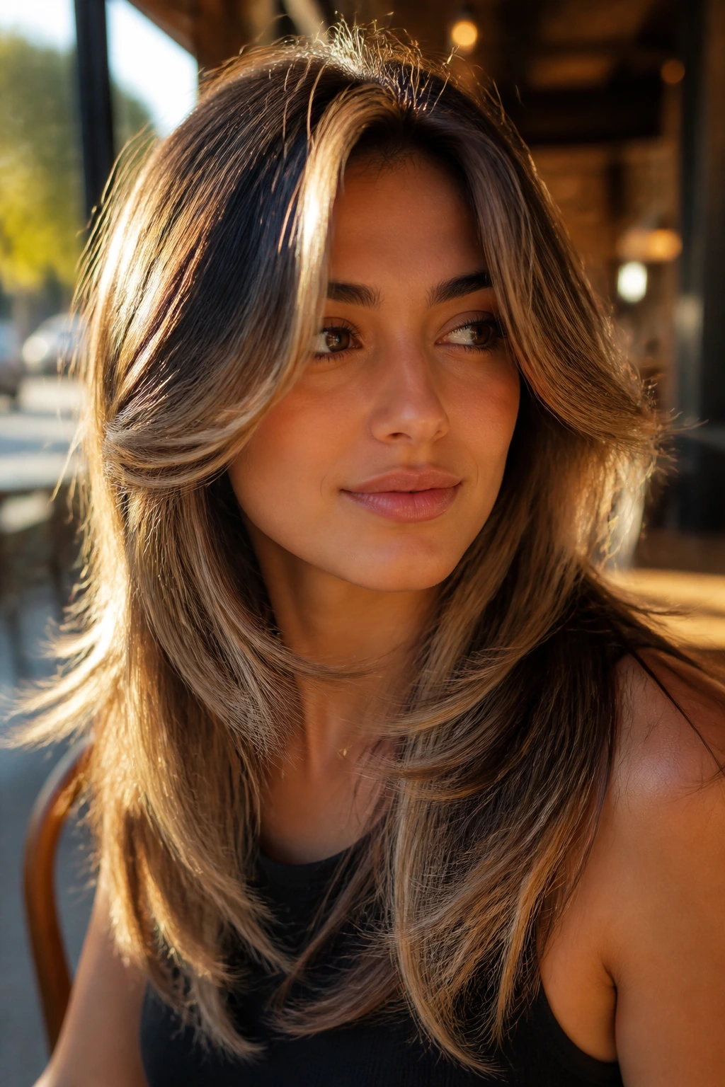 Close-up of a real woman with face-framing highlights on a butterfly cut.