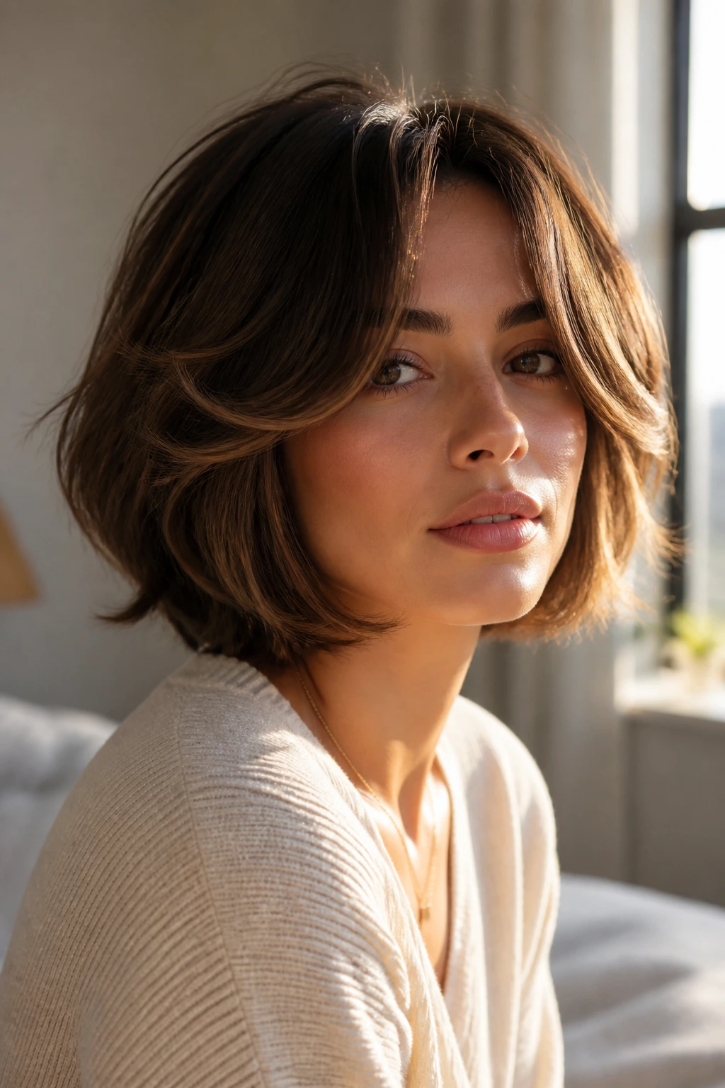 Close-up of a real woman with layered choppy butterfly curtain bangs in warm bedroom light