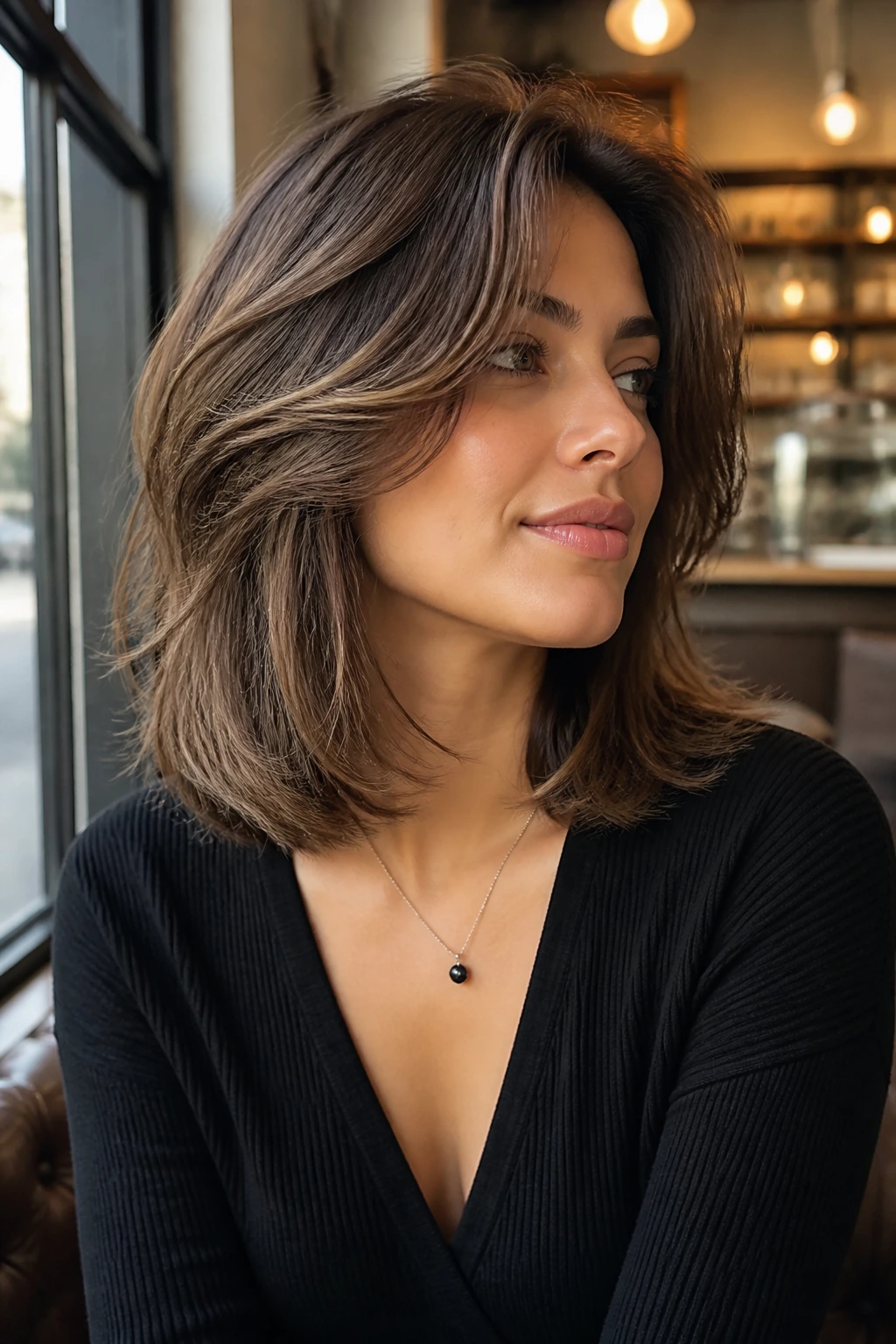 Portrait of a person with shoulder-grazing butterfly lob