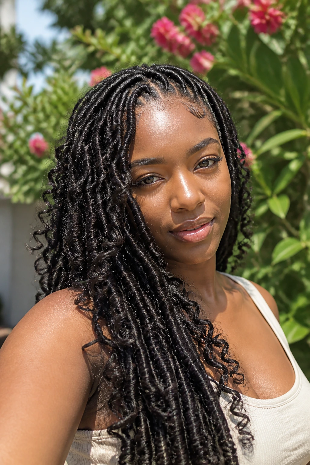 Real woman with butterfly locs in a garden setting.