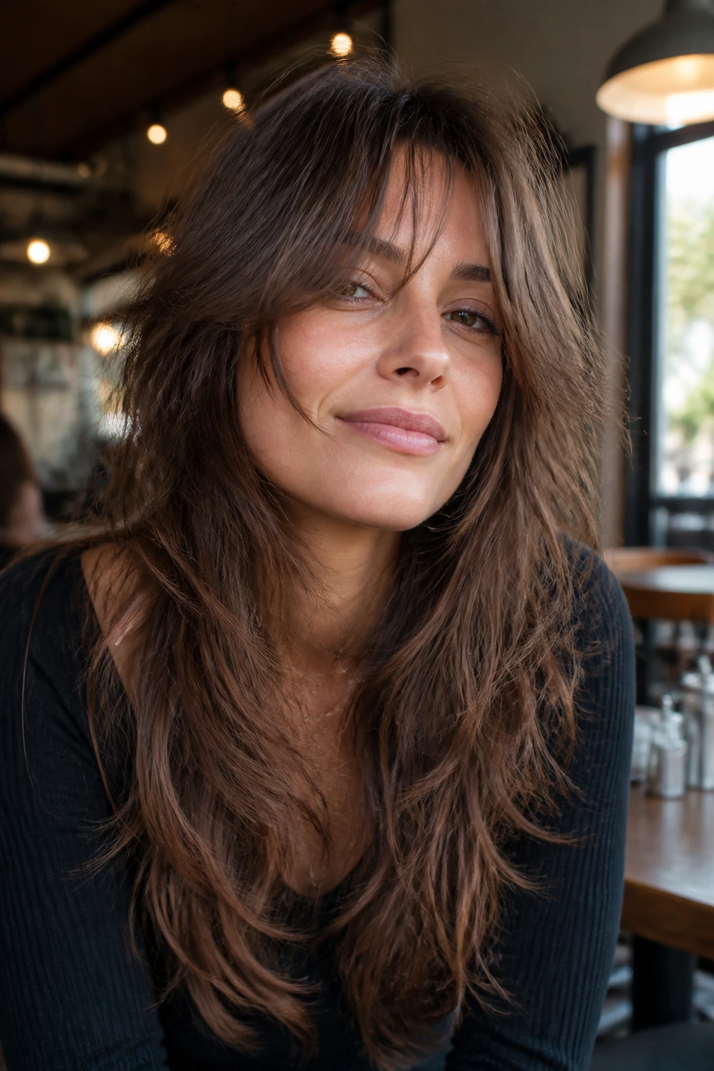 Close-up portrait of a real woman with layered butterfly shag hairstyle and textured ends