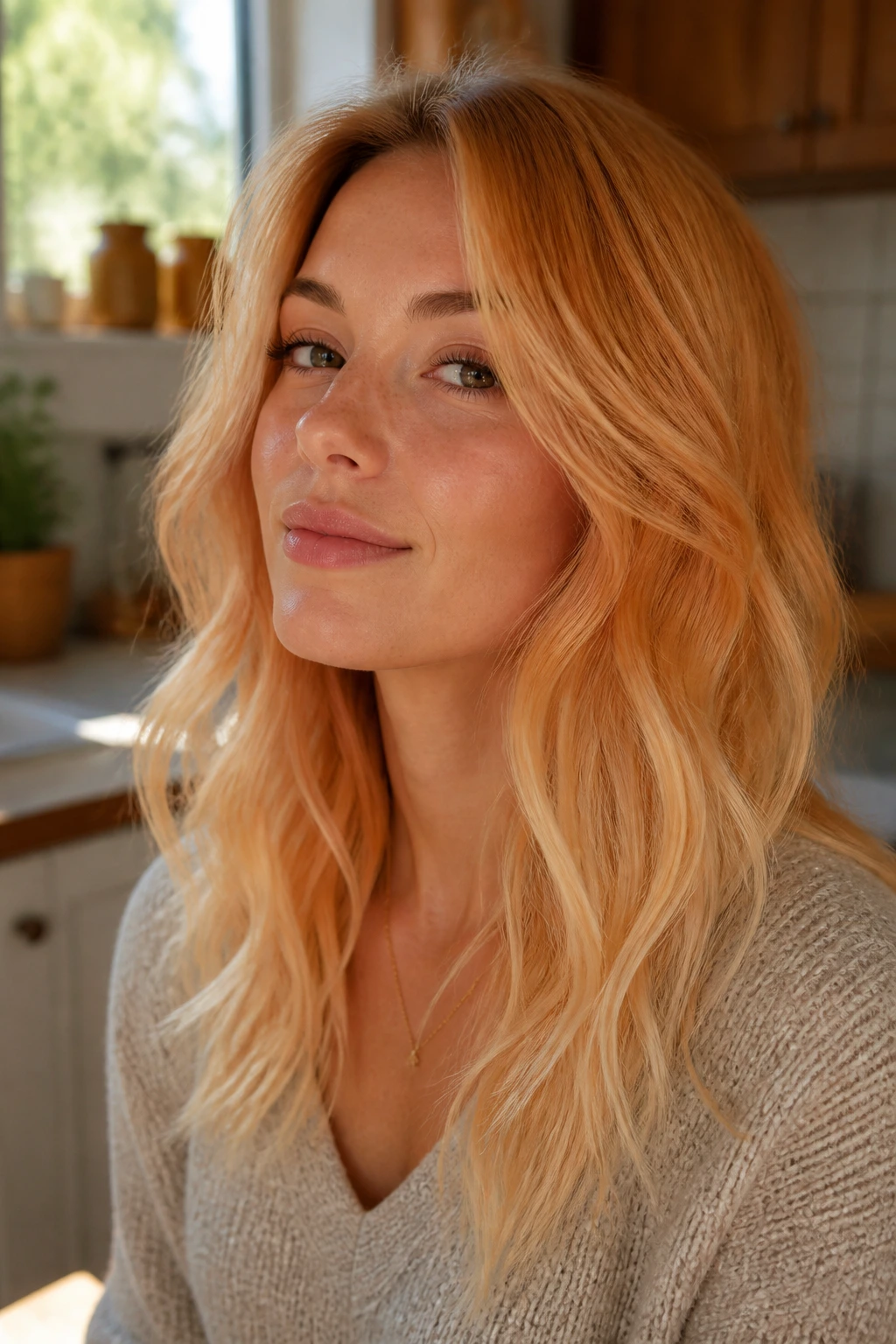 Real person with mellow yellow-orange butterscotch hair in morning kitchen light