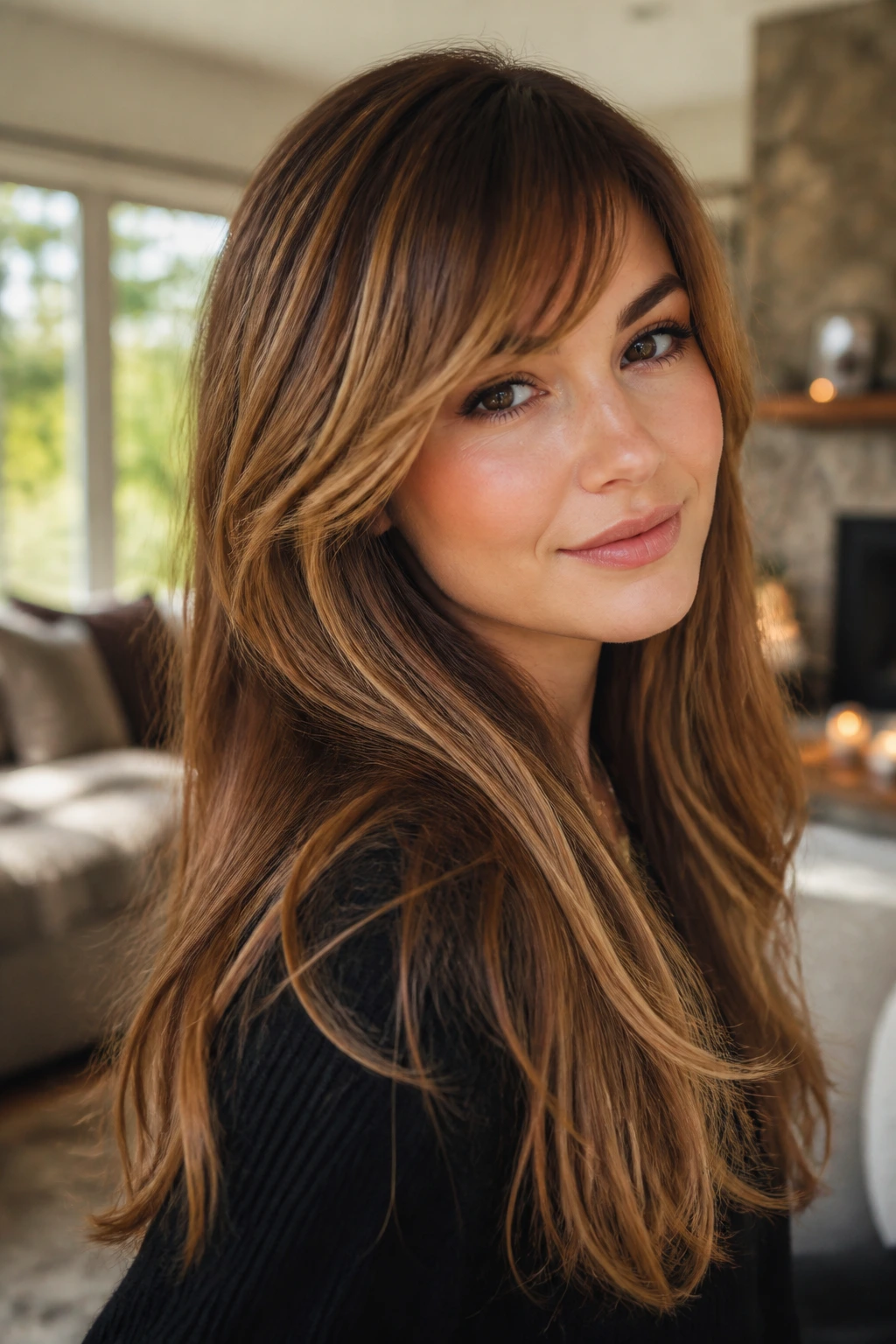 Close-up portrait of a real woman with warm butterscotch framing and side-swept bangs