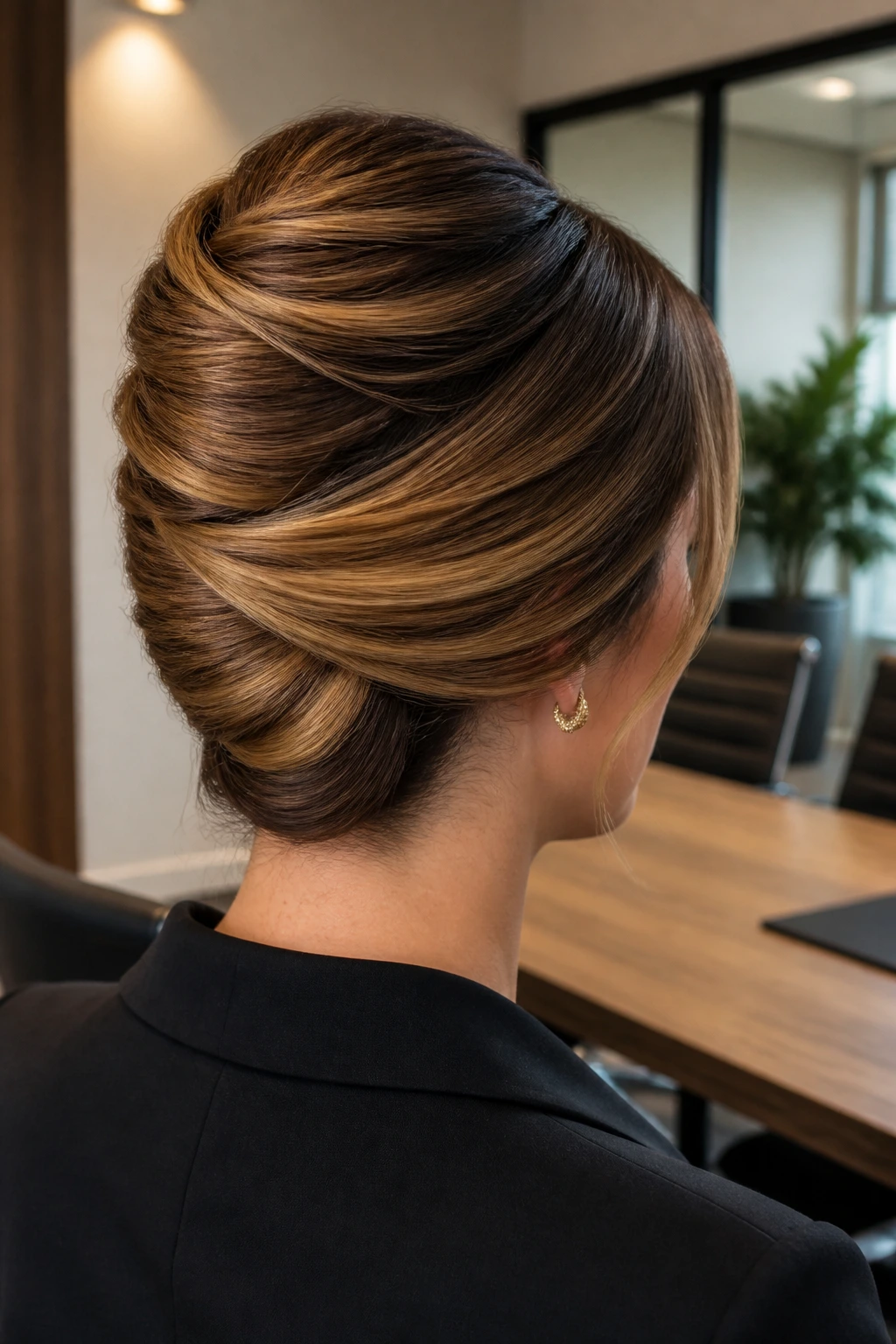 Close-up of a woman in a French twist with deep butterscotch ombre.
