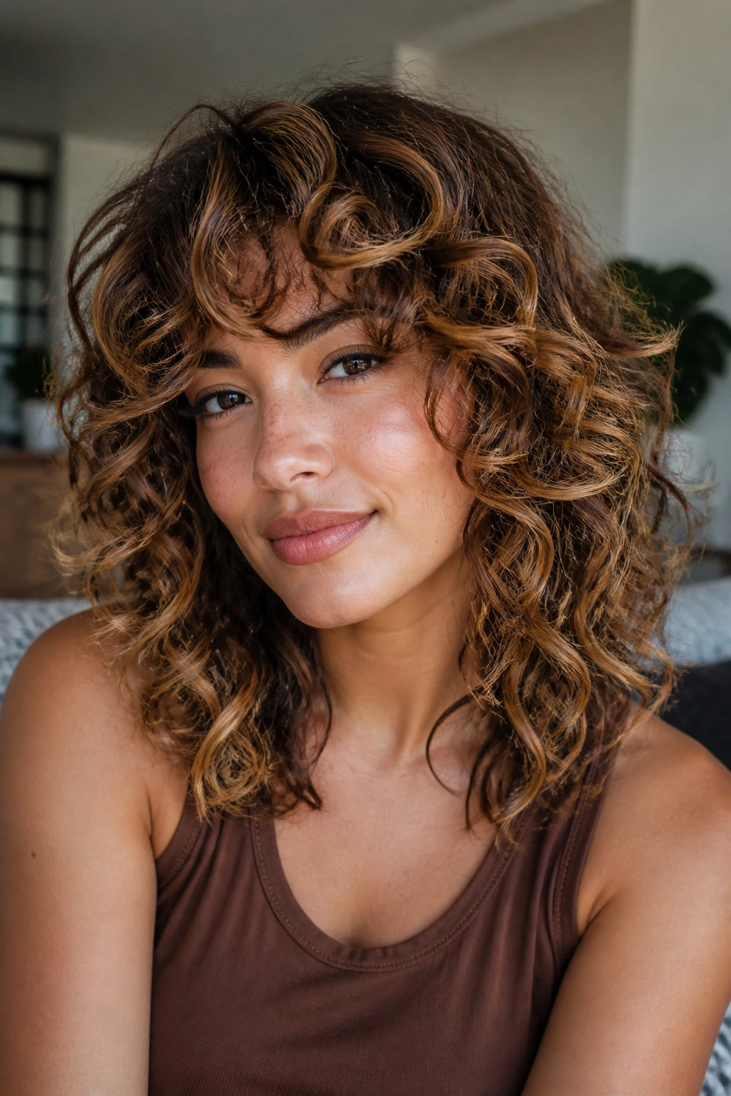 Close-up portrait of a real woman with butterscotch swirls in shoulder-length shag bangs.