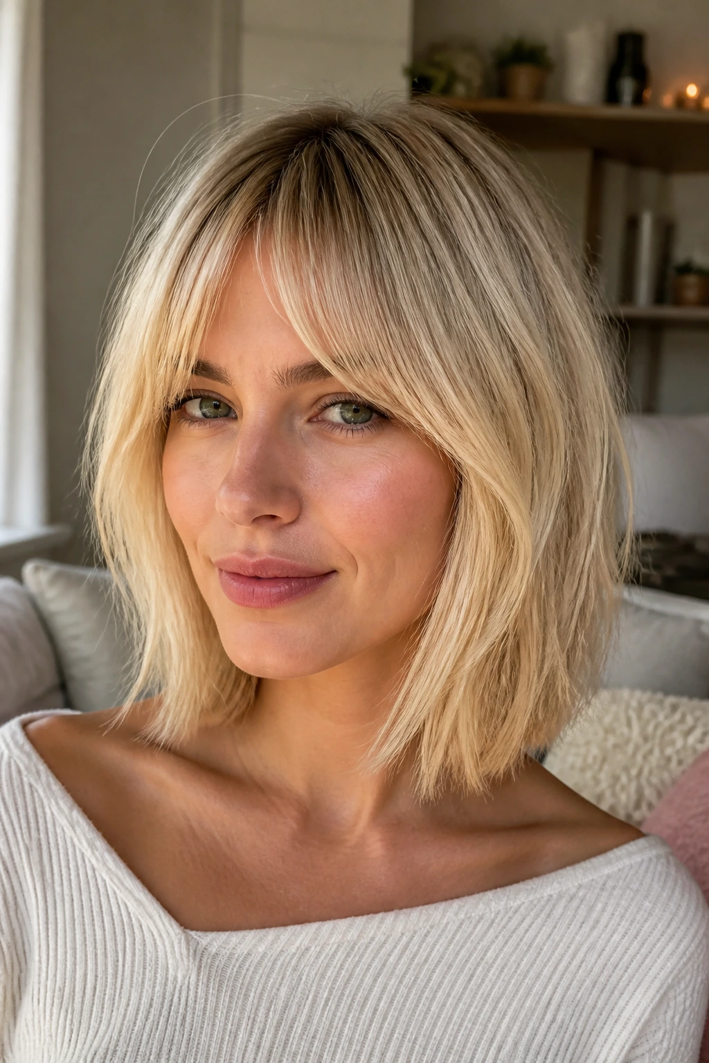 Close-up of a real person with buttery blonde collarbone cut and soft A-shape bangs