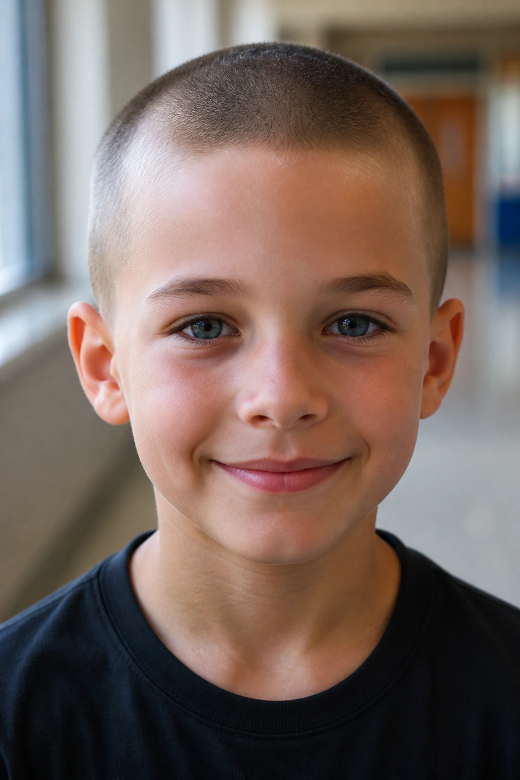 Close-up of a real child with a classic buzz cut in a school hallway.