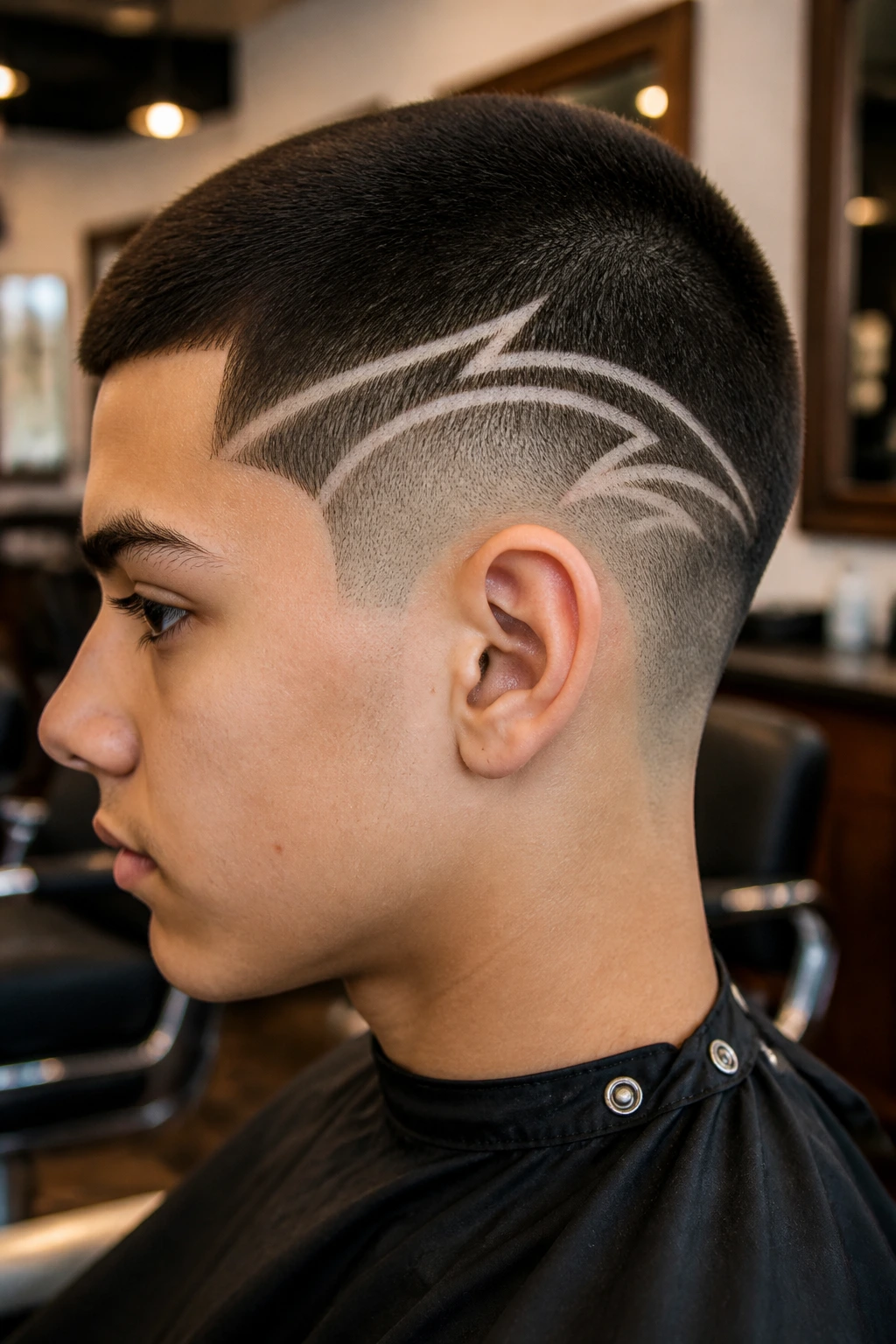 Profile of a teen boy with a buzz cut and shaved design on the side