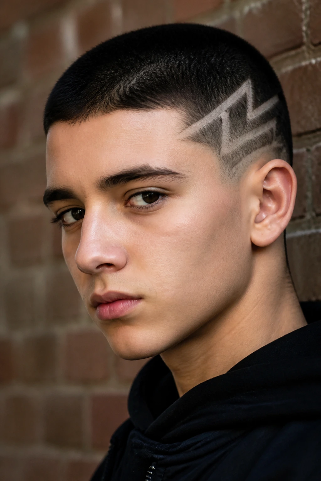 Close-up of a teen with a buzz cut and geometric designs shaved near the temple