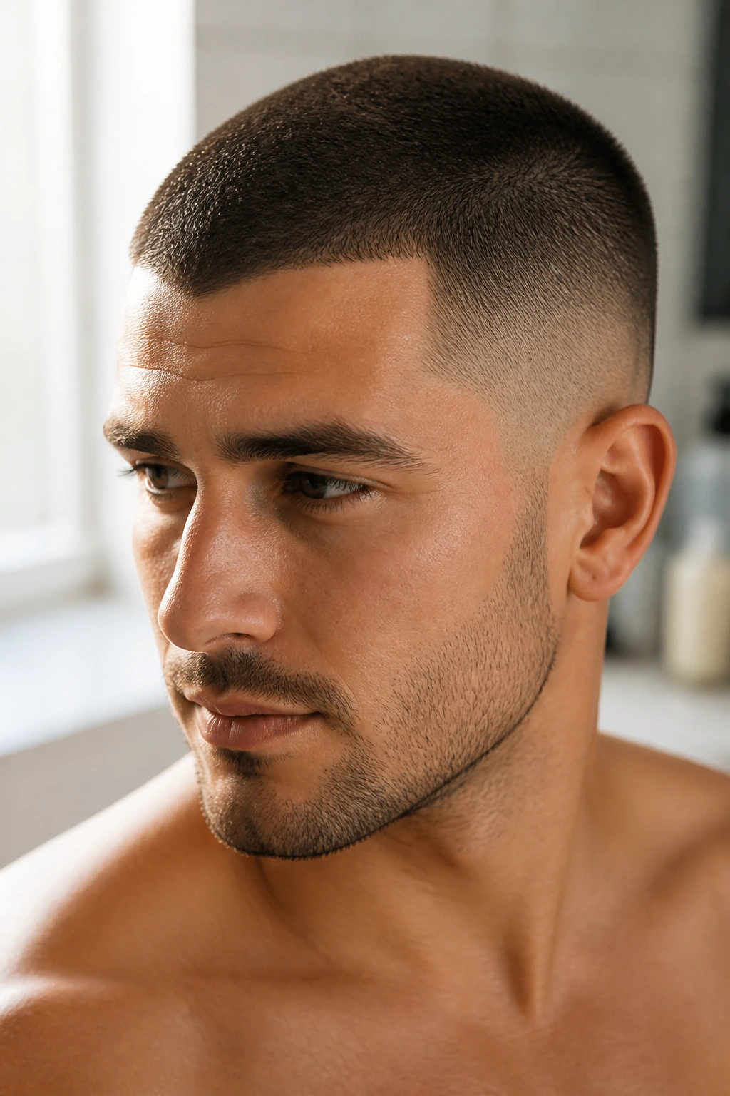 Close-up of a real person with a soft-edged buzz cut and tapered edges.