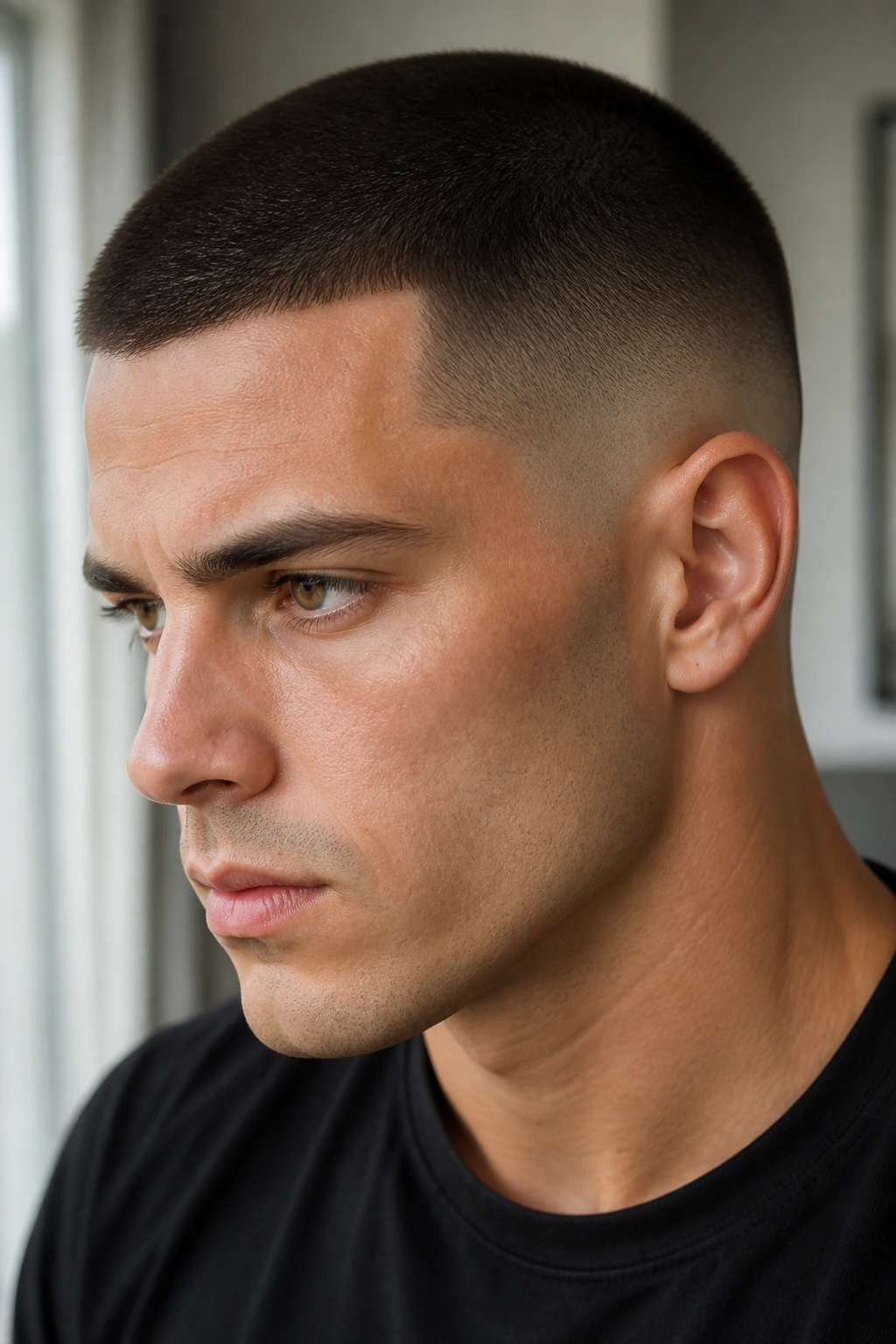 Person with sleek buzz cut and subtle fade