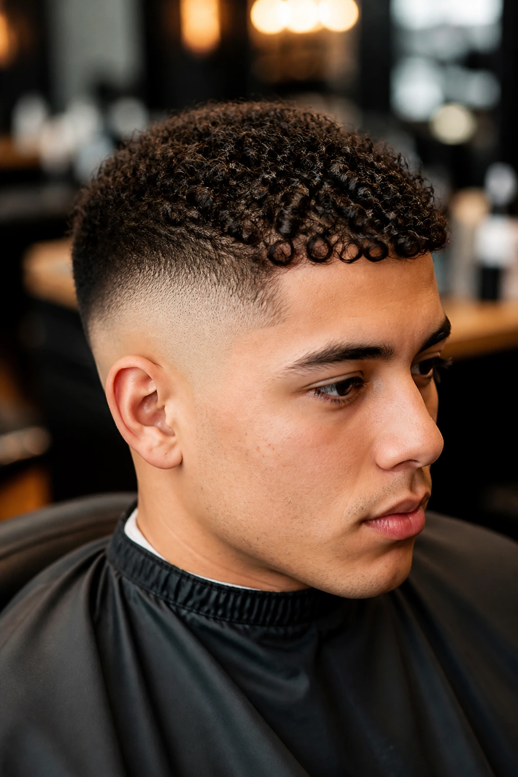 Close-up of a person with buzz-cut fade and curly top in a barbershop setting