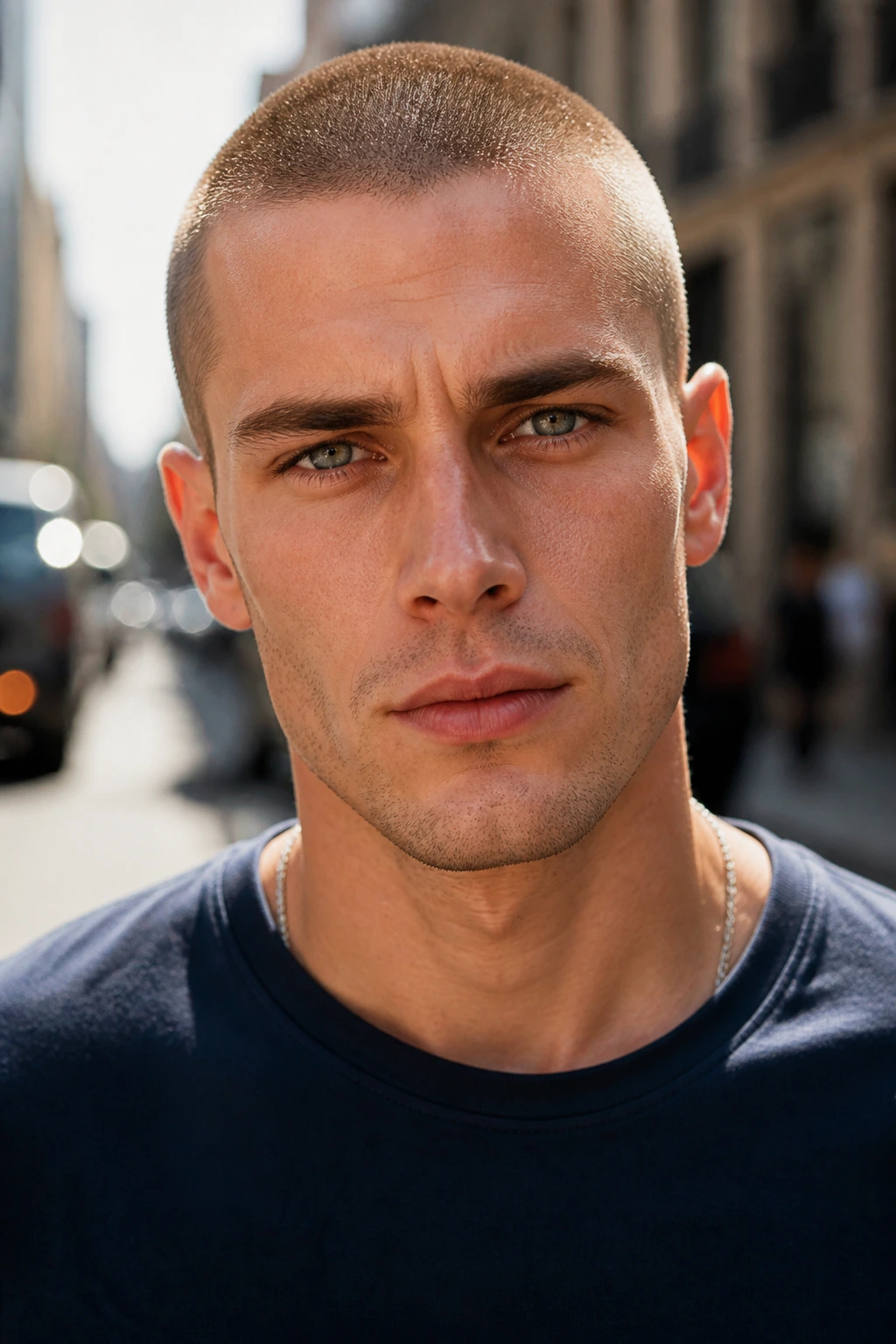 Close-up portrait of a person with a buzz cut, showing facial structure.