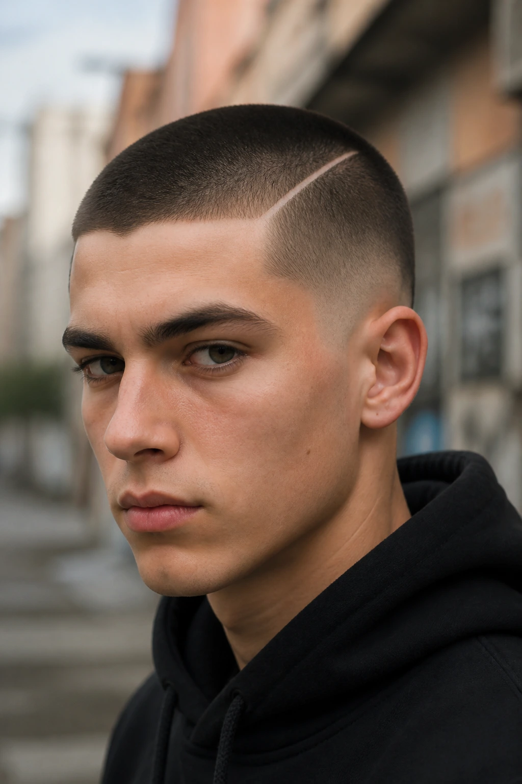 Close-up portrait of a real person with a buzz cut and a sharp hard part.