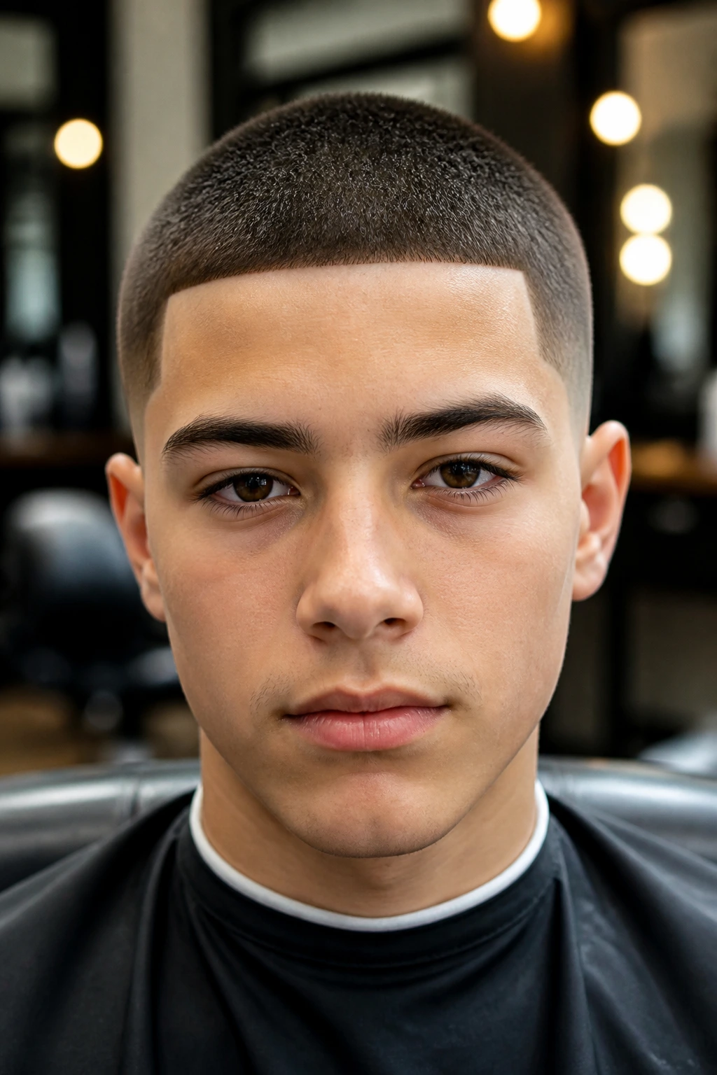 Teen with buzz cut and line up in barbershop chair