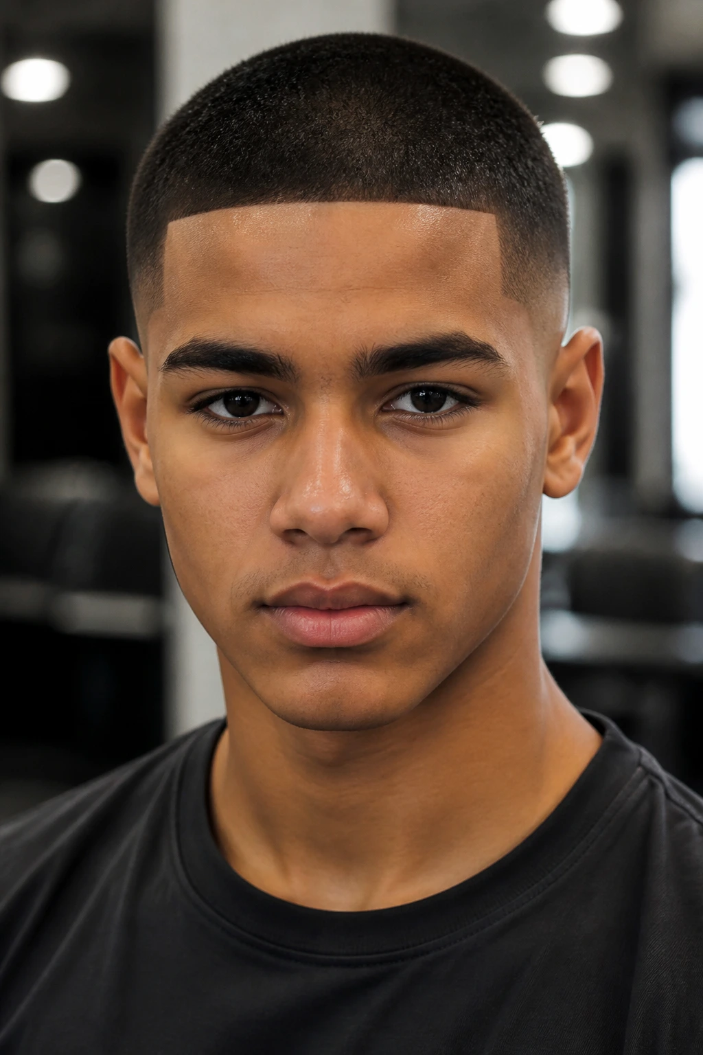 Teen with buzz cut and sharp line-up in barber shop