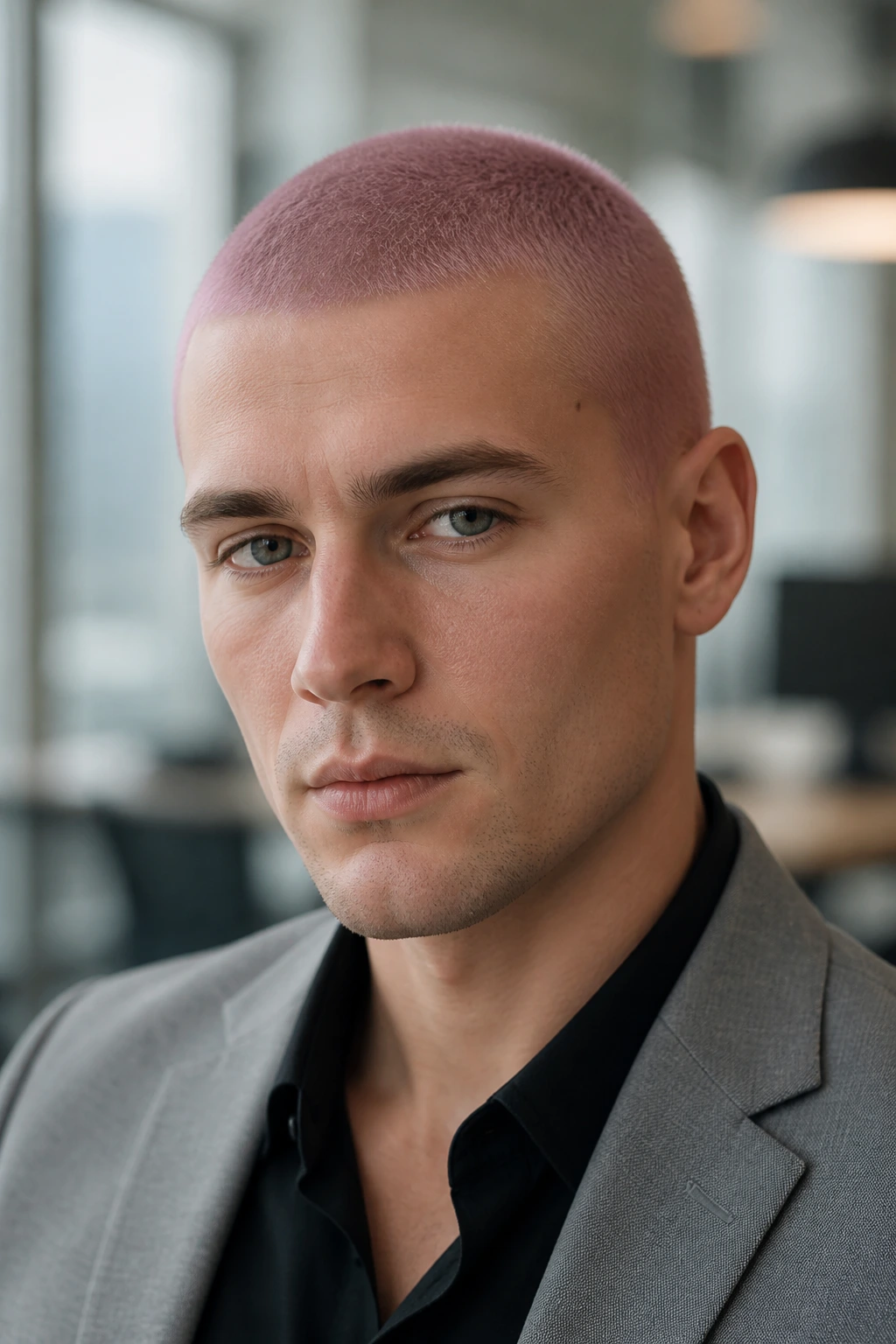 Classic buzz cut with muted color on a real person in an office setting.