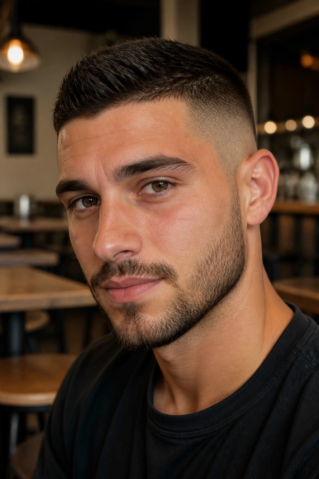 Close-up portrait of a man with a short spiky buzz cut in a cafe