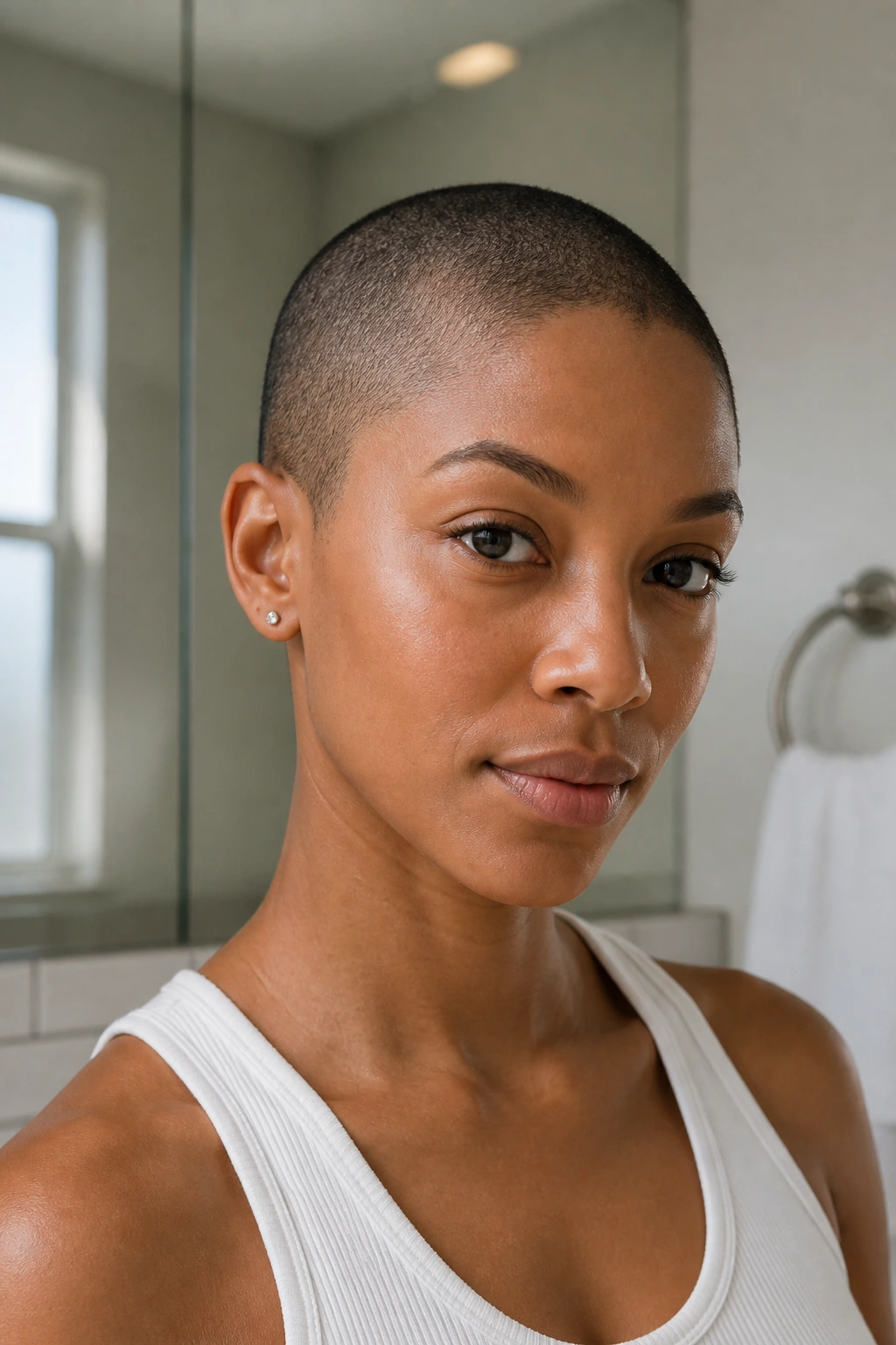 Close-up of a person with an ultra-short buzz cut in bright natural light.