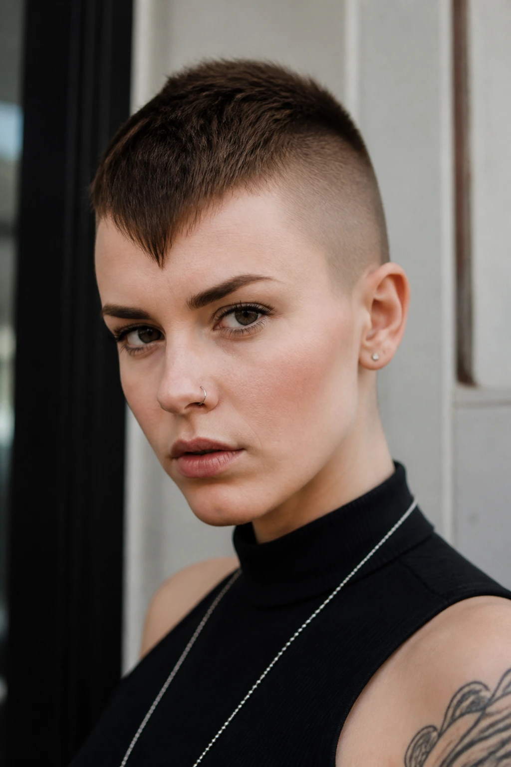 Real person with shaved sides buzz cut and triangular fringe in daylight.