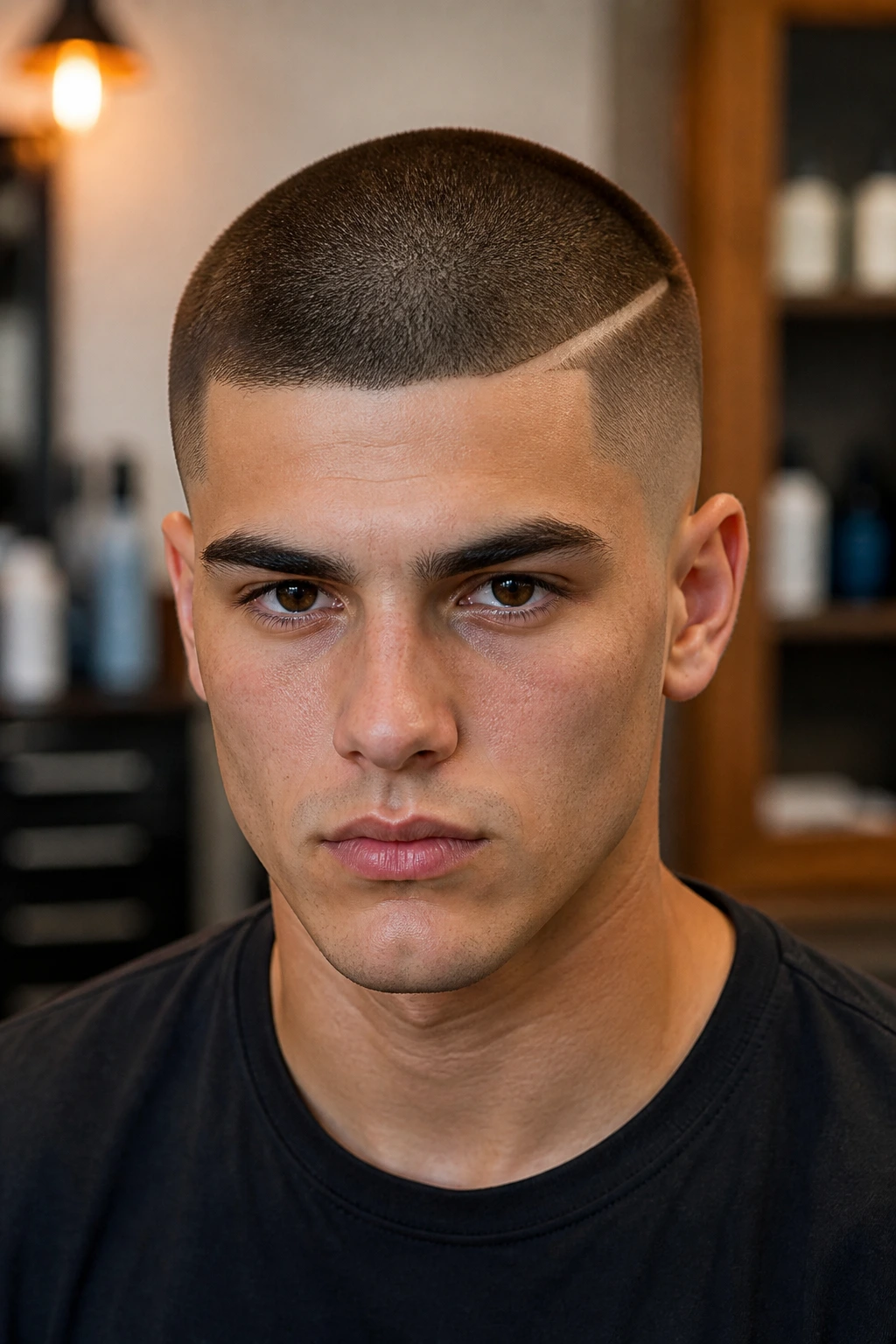 Buzz cut with surgical line accent shaved into scalp