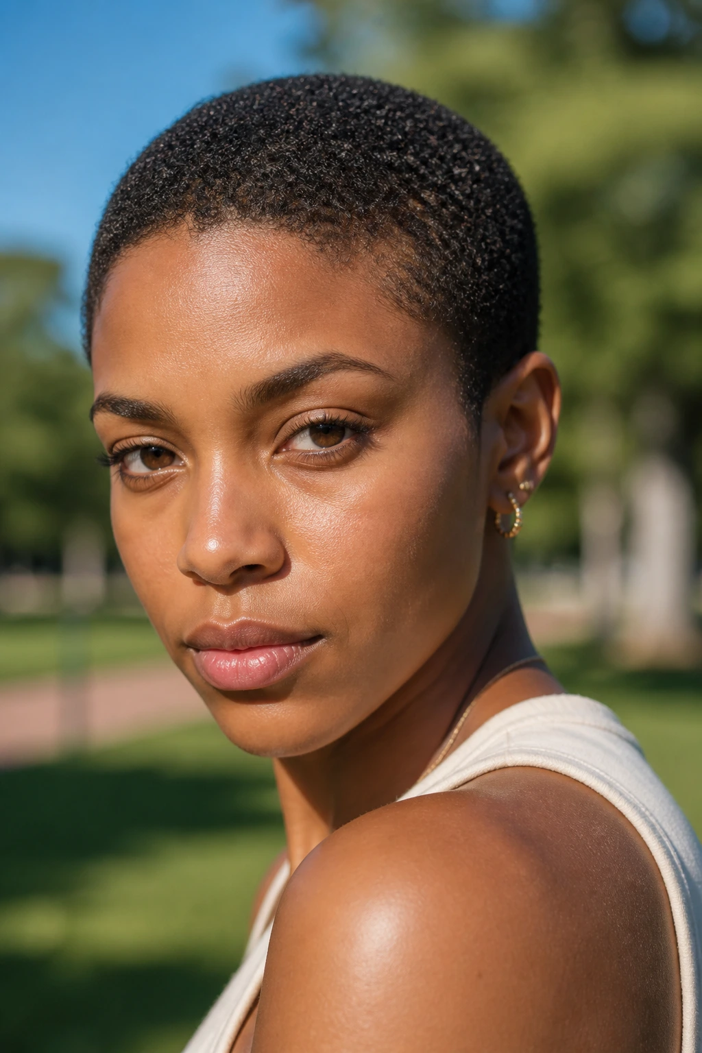 Close-up of a person with a tight coil buzz cut in a sunlit park