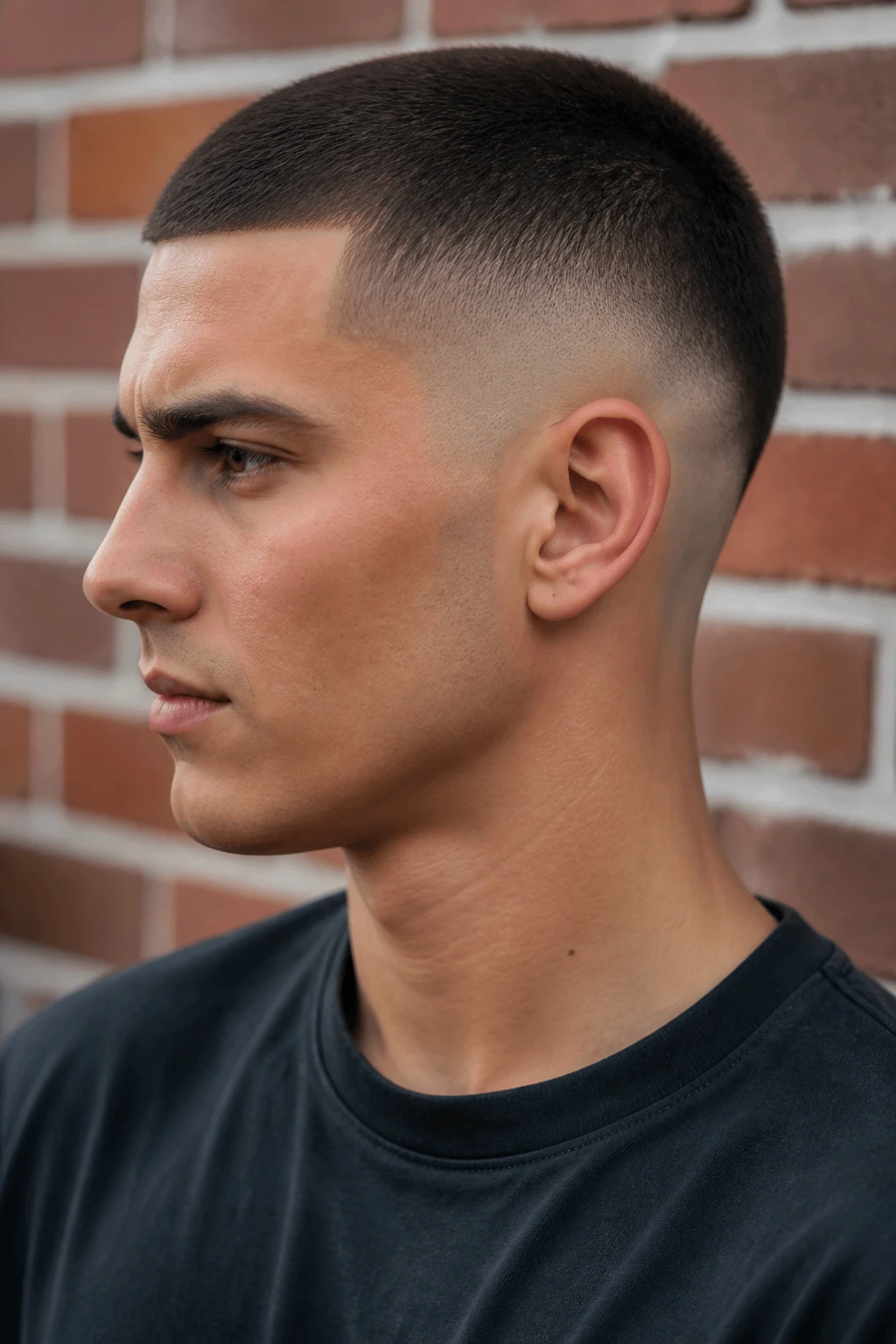 Profile portrait of a real person with buzz cut and drop fade undercut.