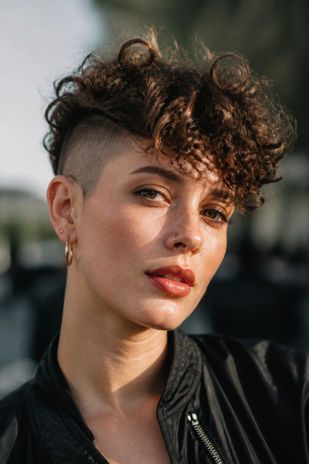 Close-up of buzz-sides crop with floating crown curls on a real person on an urban street.