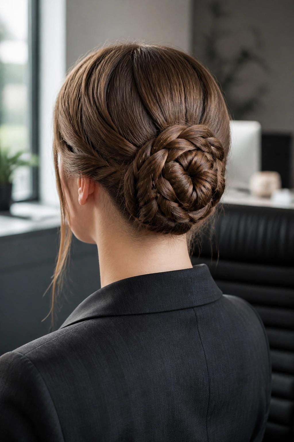 Close-up of a real woman wearing The Byzantine Interlocking Braid Bun in a corporate office setting