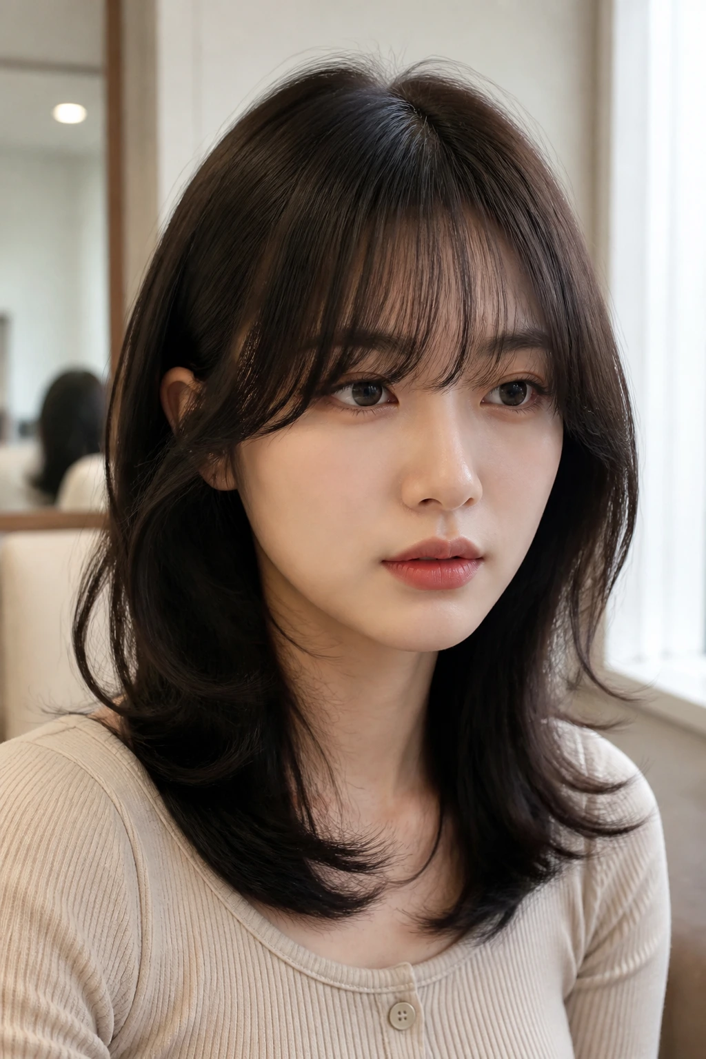 Close-up of layered C-Curl fringe with tapered temples on a real woman.
