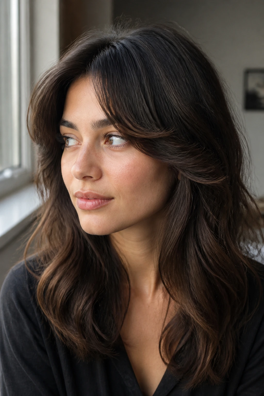 Close-up of a real woman with curved sweeping fringe in soft window light.