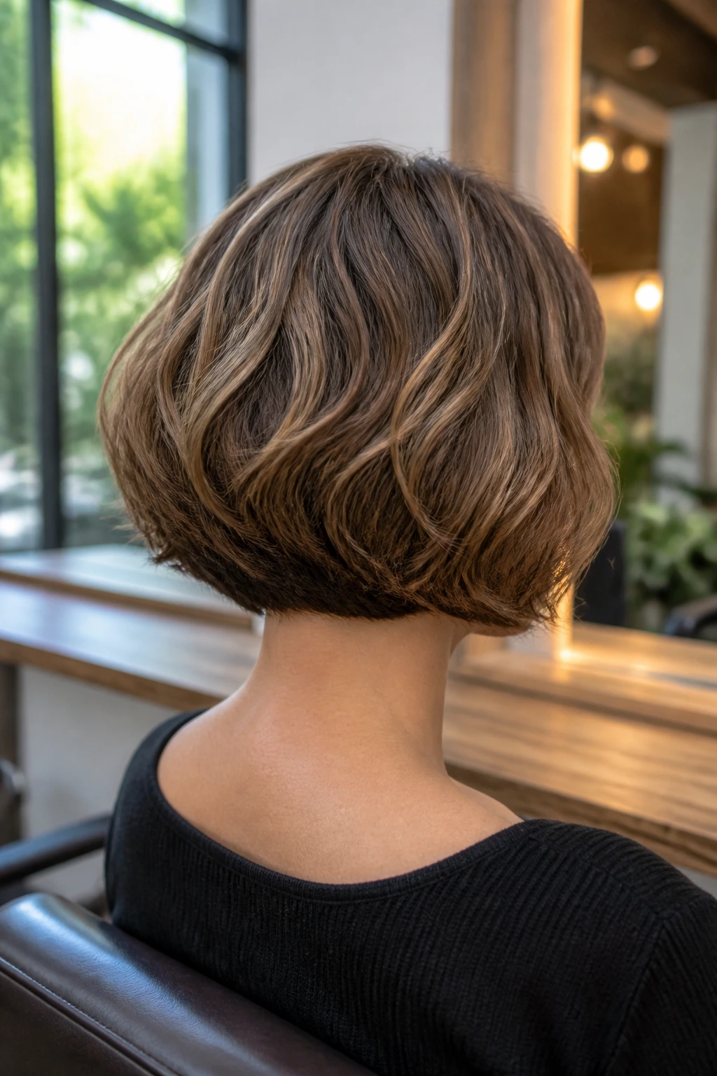 Back view of a real woman with a soft C-shaped graduated bob at the nape