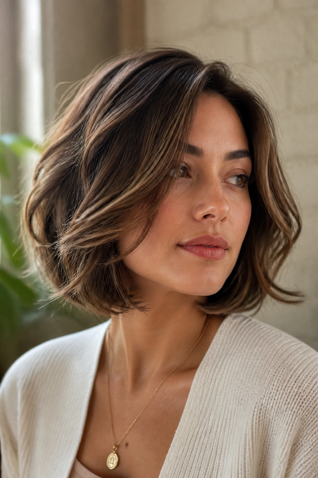 Close-up of a real woman with a C-shape layered wavy bob