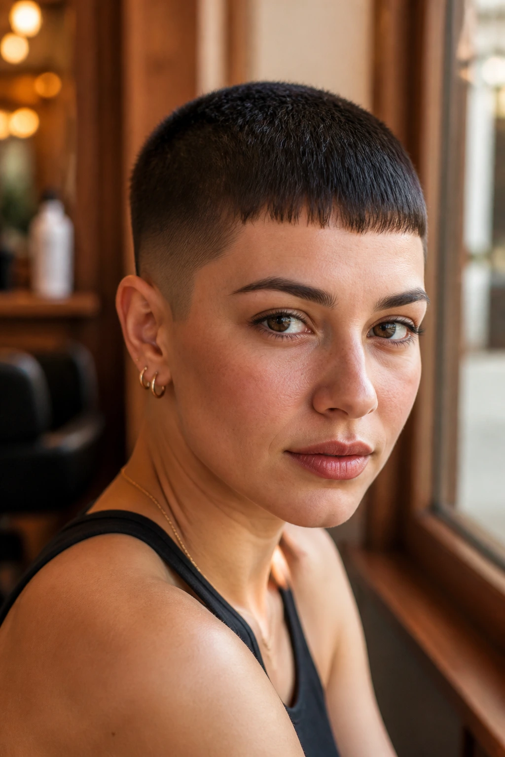 Close-up of real person with Brushed-Forward Caesar Buzz fringe