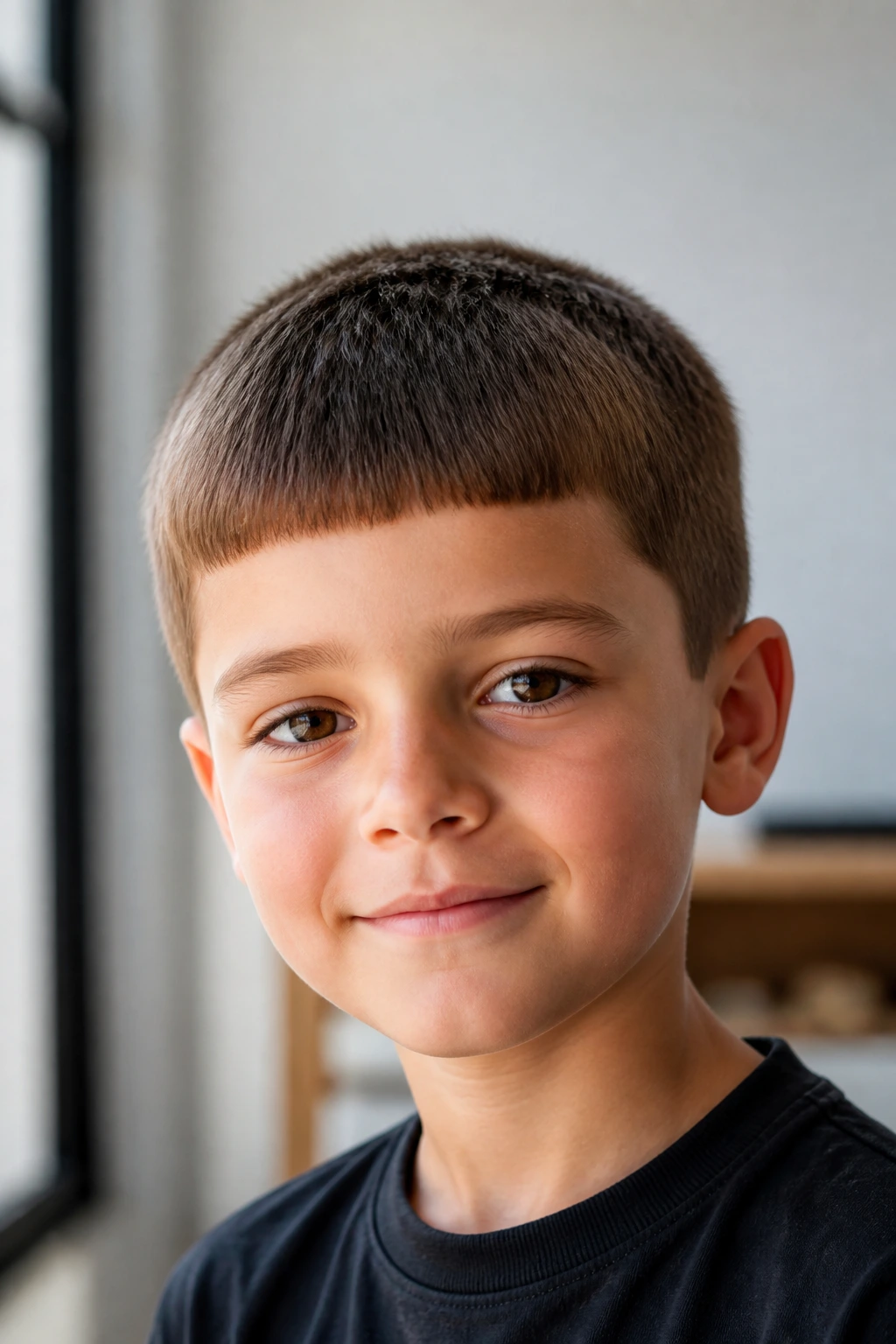 Close-up of a child with a Caesar cut hairstyle.