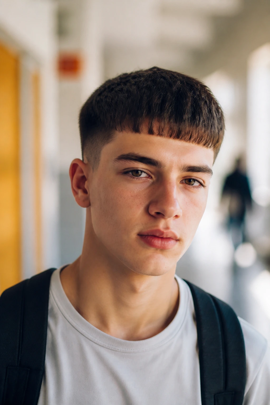 Close-up of teen with Caesar cut featuring even straight bangs