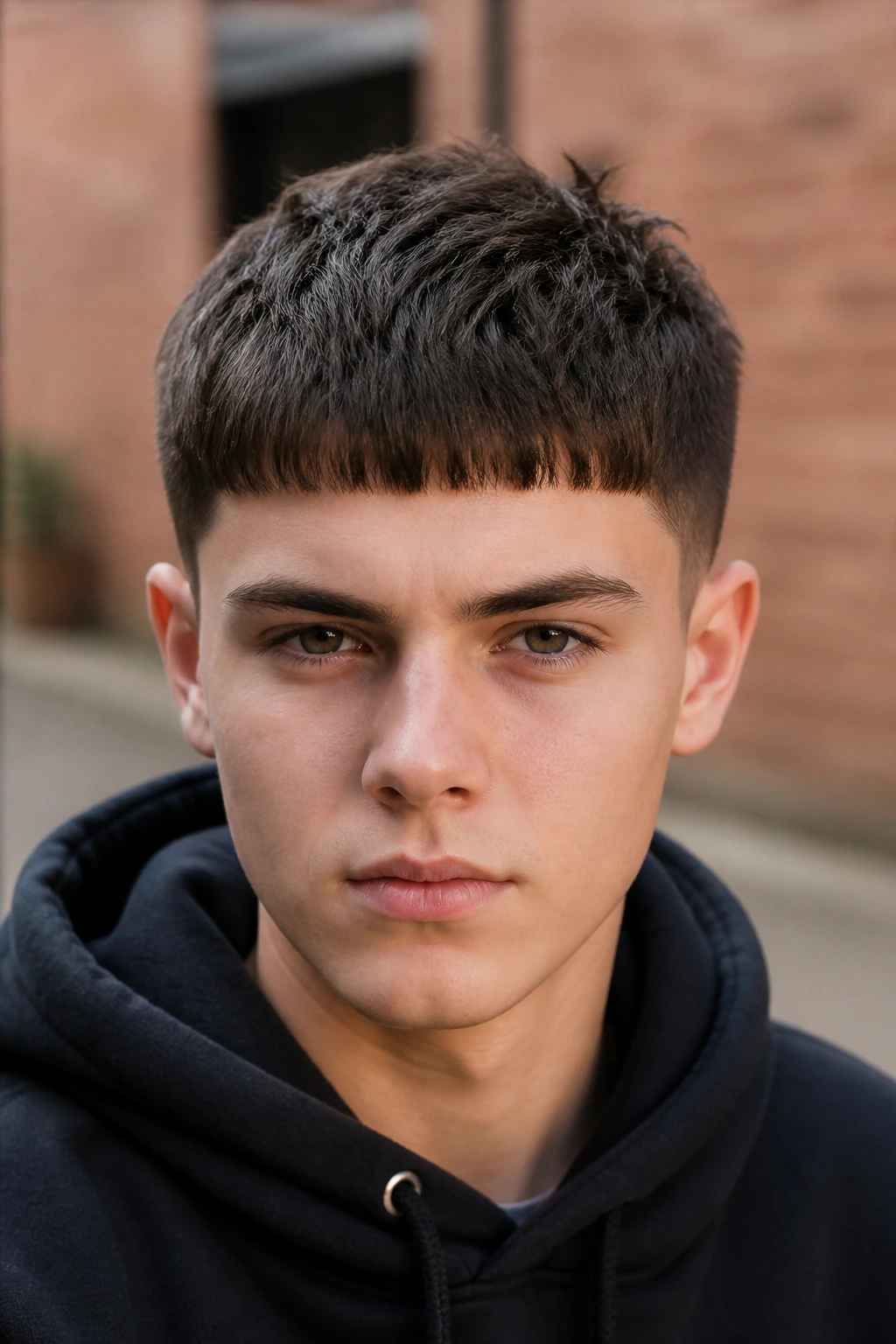 Teen with Caesar cut showing textured fringe outdoors