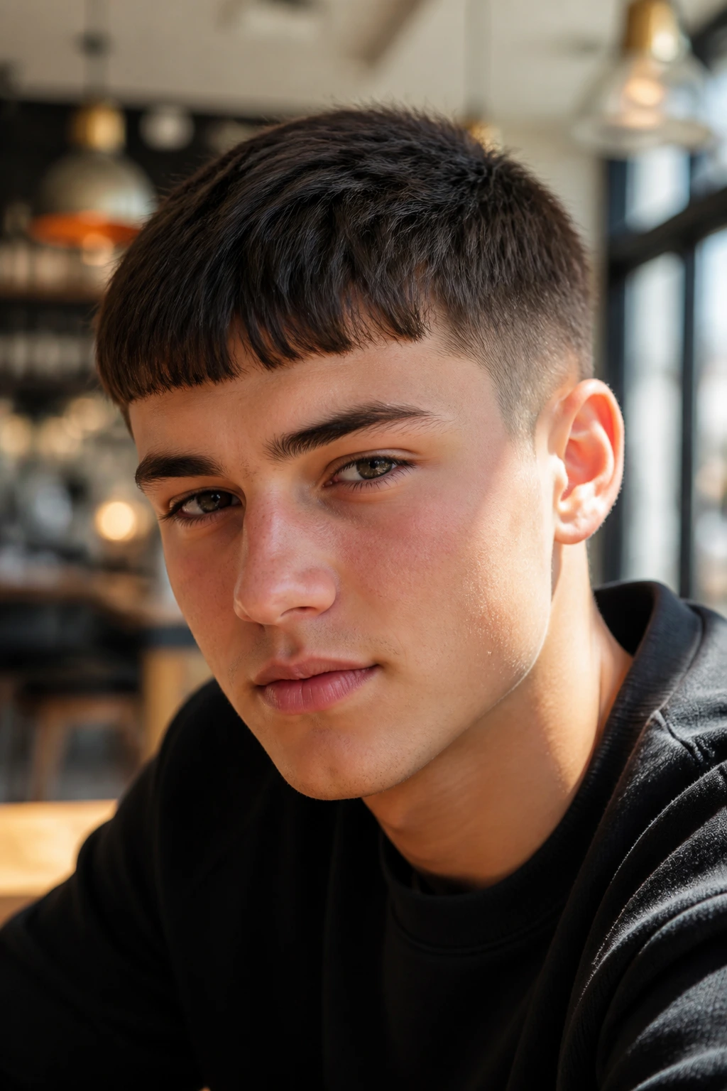 Teen with Caesar cut portrait in cafe