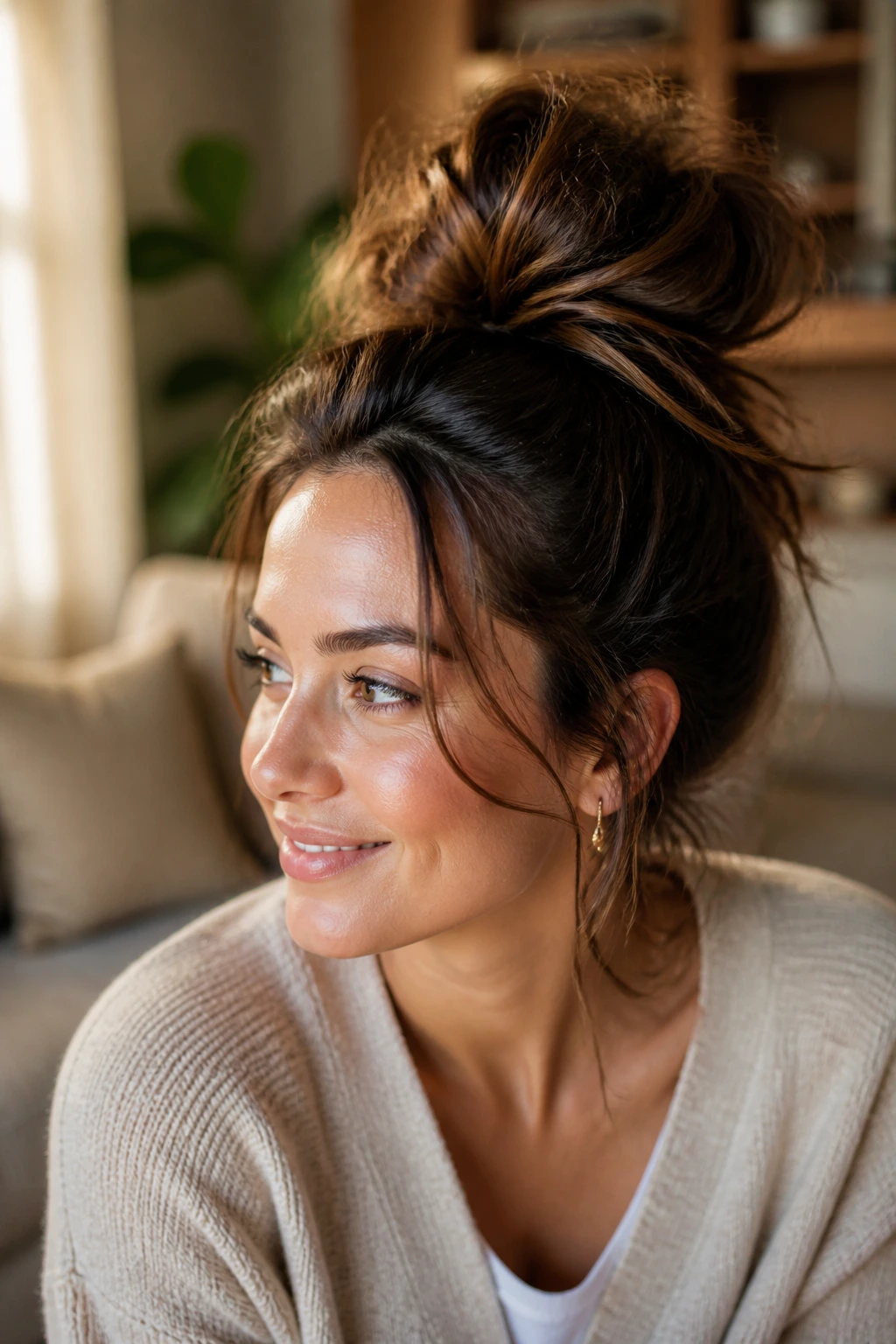 Close-up portrait of a real woman wearing a textured messy bun to camouflage oiliness