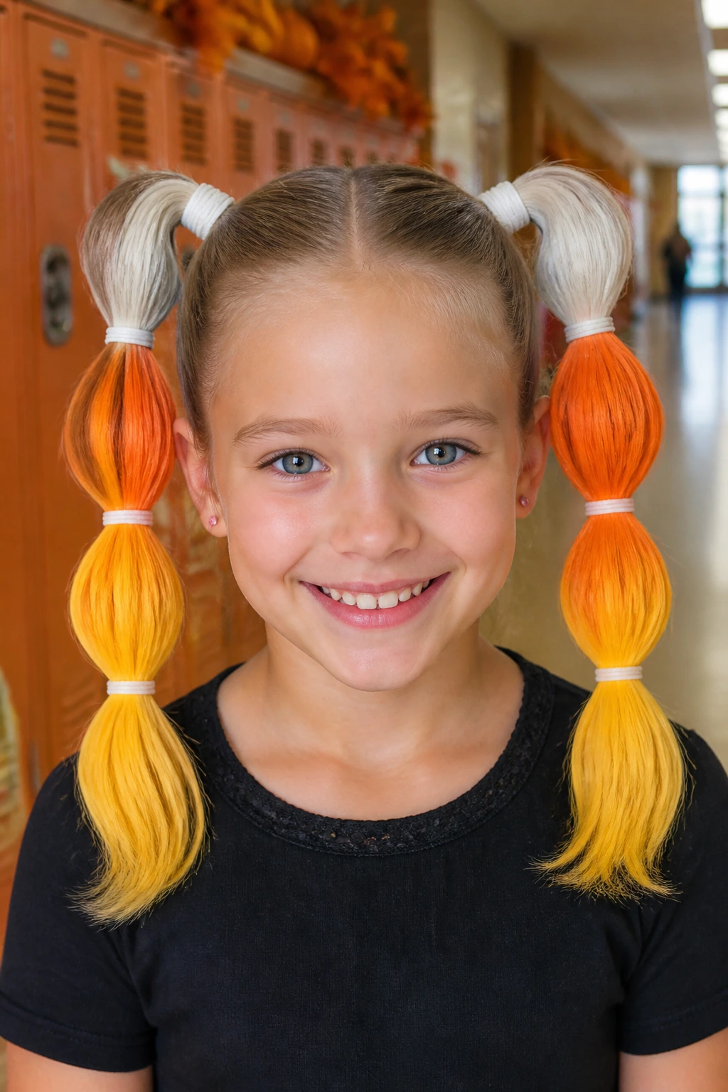 Close-up of real child with Candy Corn Three-Tier Pigtails in color blocks