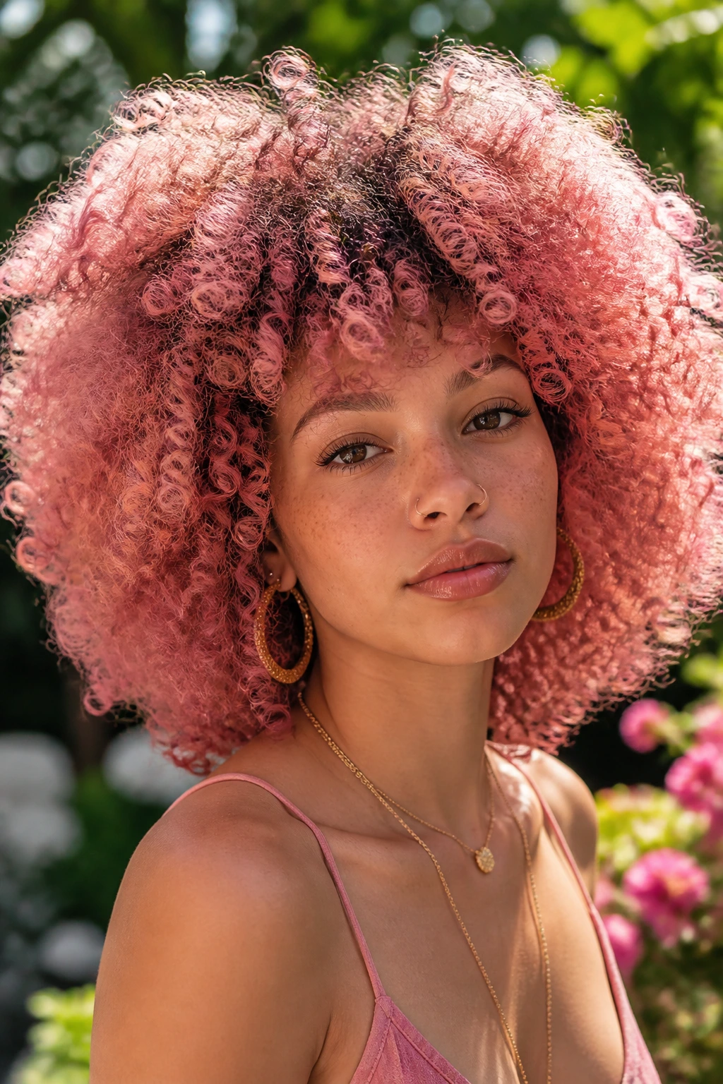Real woman with candy rose afro in bright outdoor setting