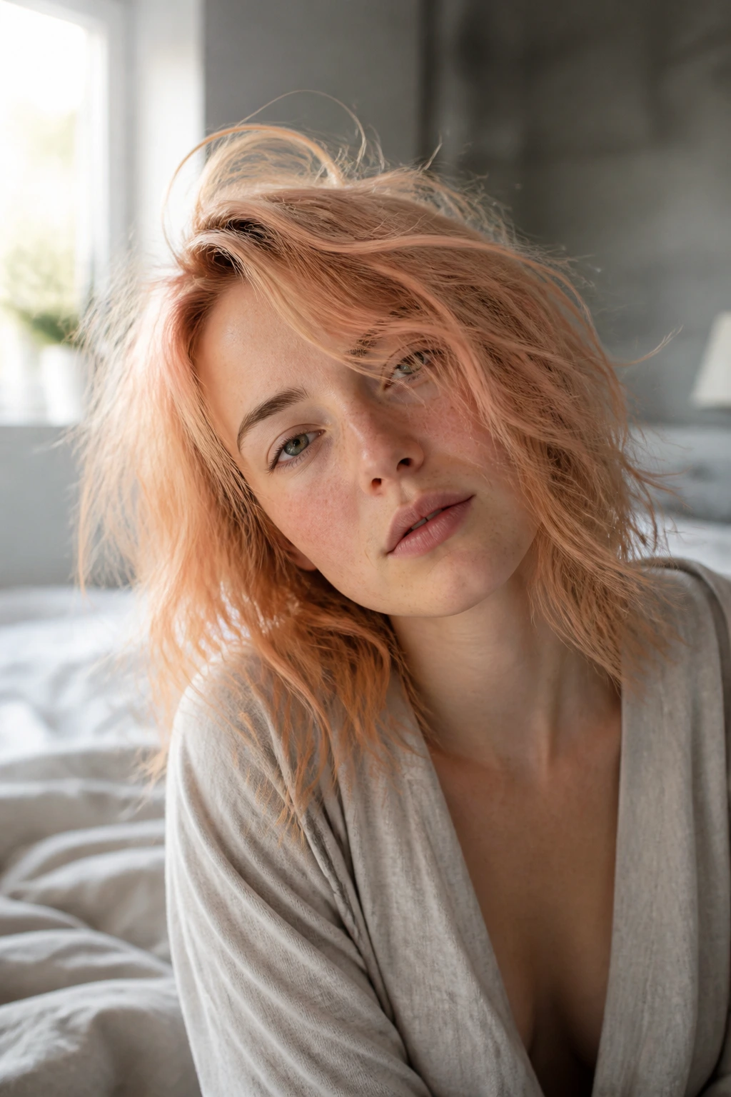 Close-up portrait of a real person with soft cantaloupe hair in a bedroom morning light