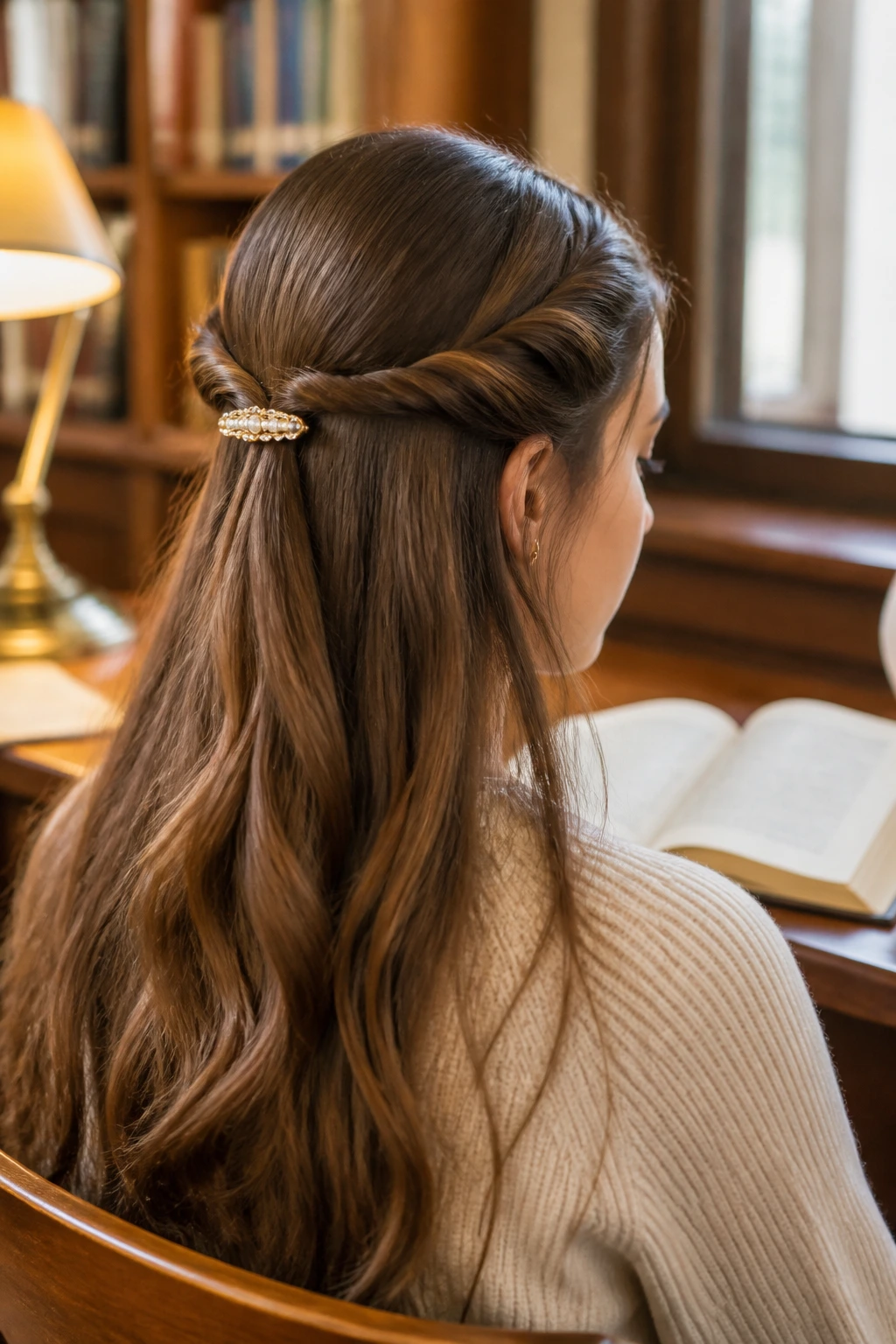 Portrait of a real student with two side twists joined at the back and a decorative barrette