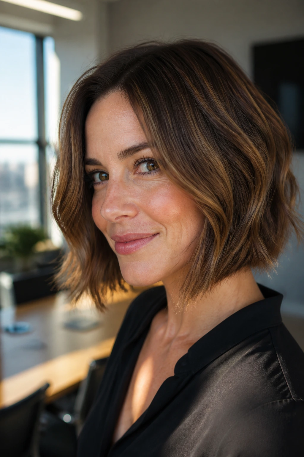 Close-up of a brown bob with caramel babylights in sunlight.