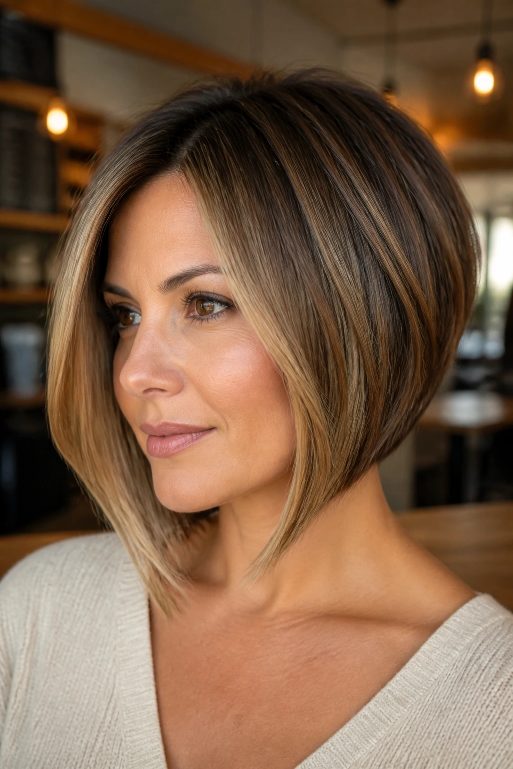 Real woman with caramel balayage angled bob highlighting face-framing pieces